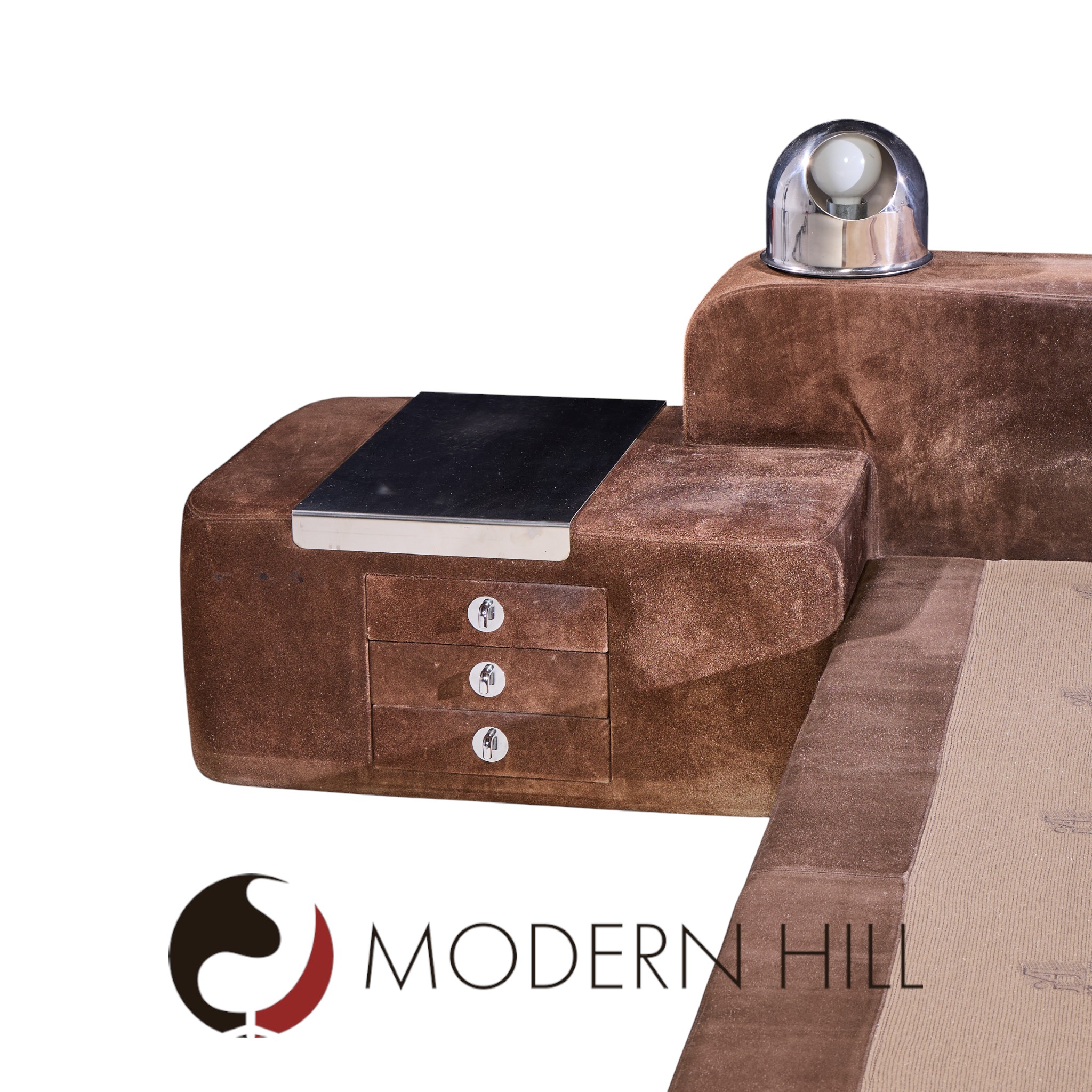 Guido Faleschini for I4 Mariani Tucroma Mid Century Suede Leather King Platform Bed with Nightstands