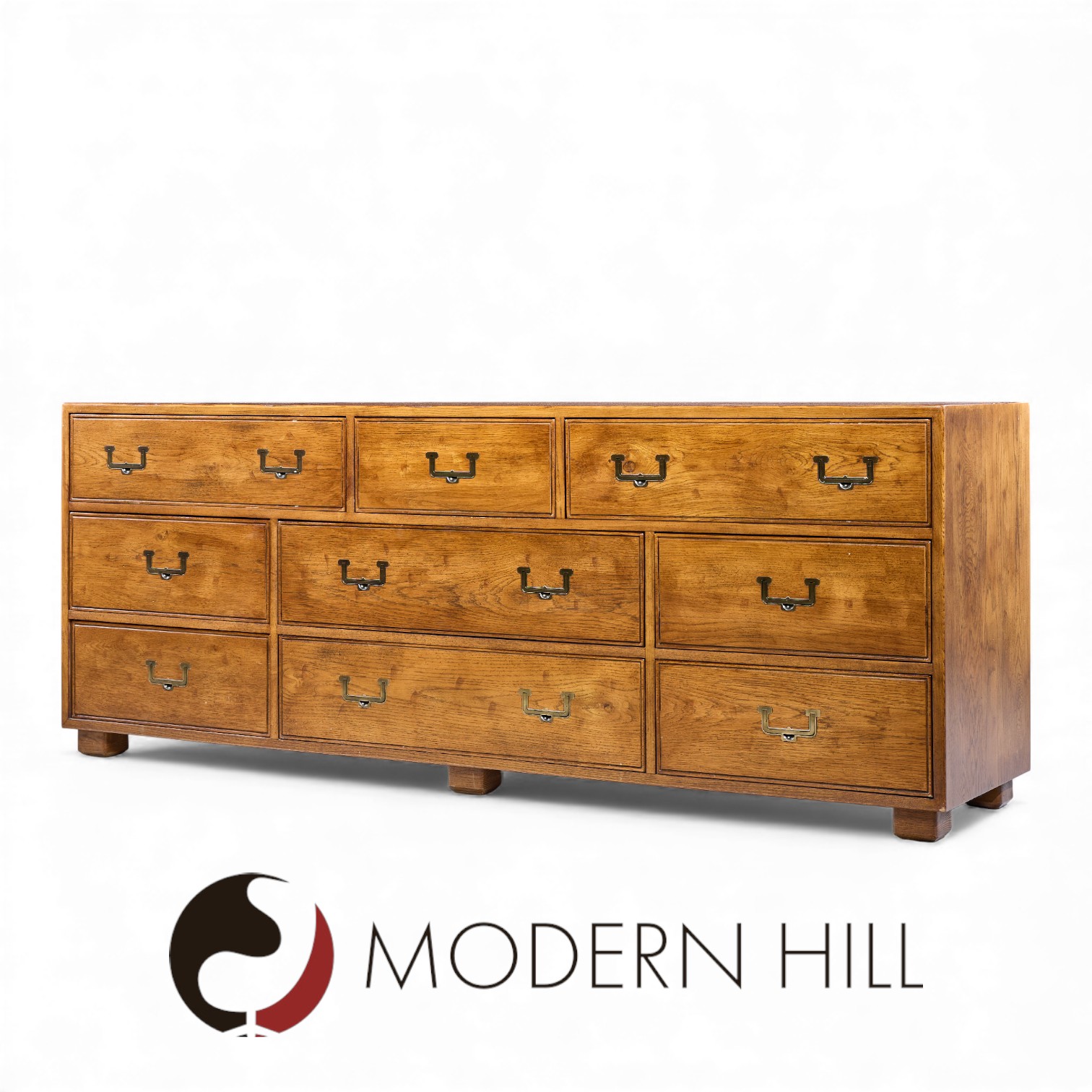 Henredon Campaign Mid Century Oak and Brass Lowboy Dresser