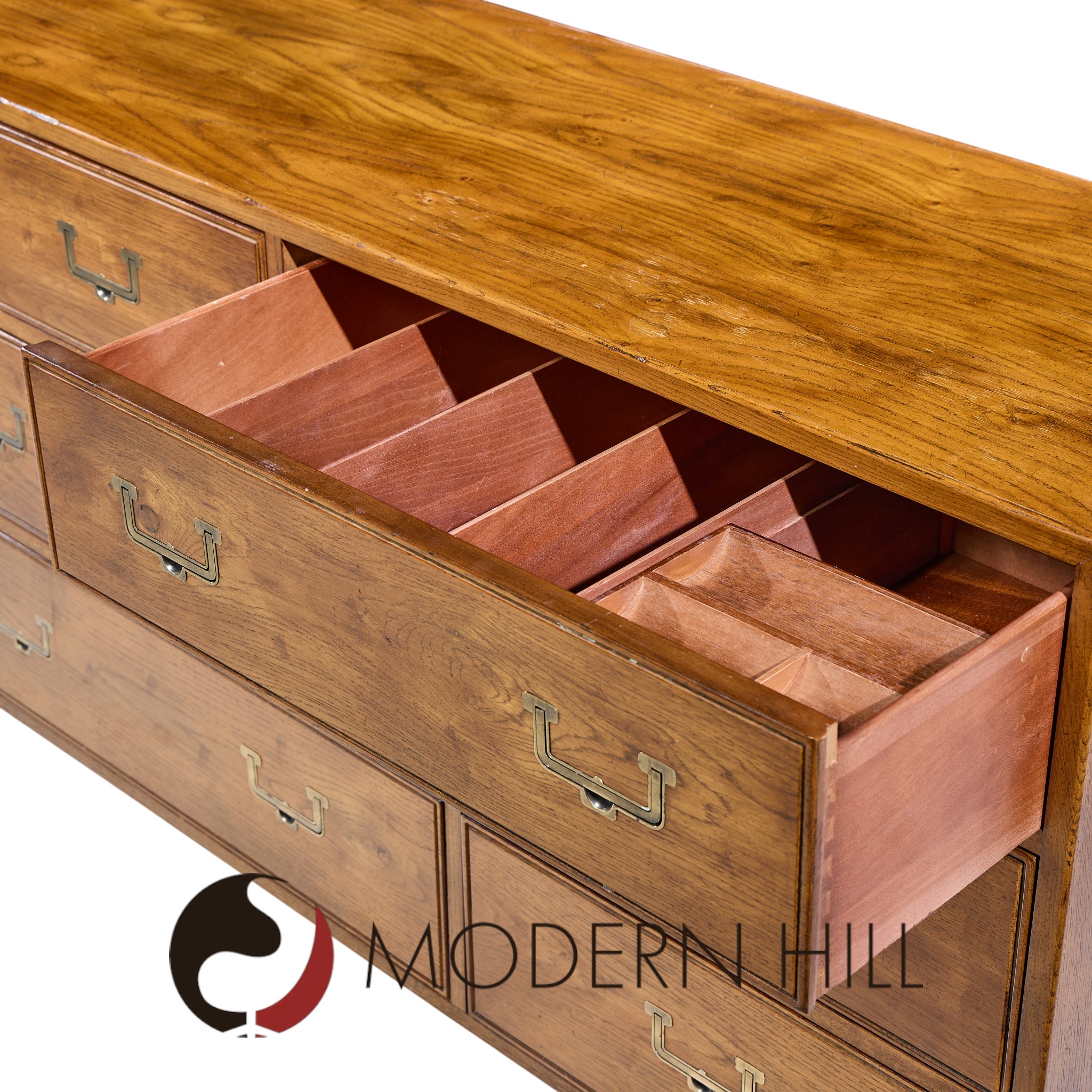 Henredon Campaign Mid Century Oak and Brass Lowboy Dresser