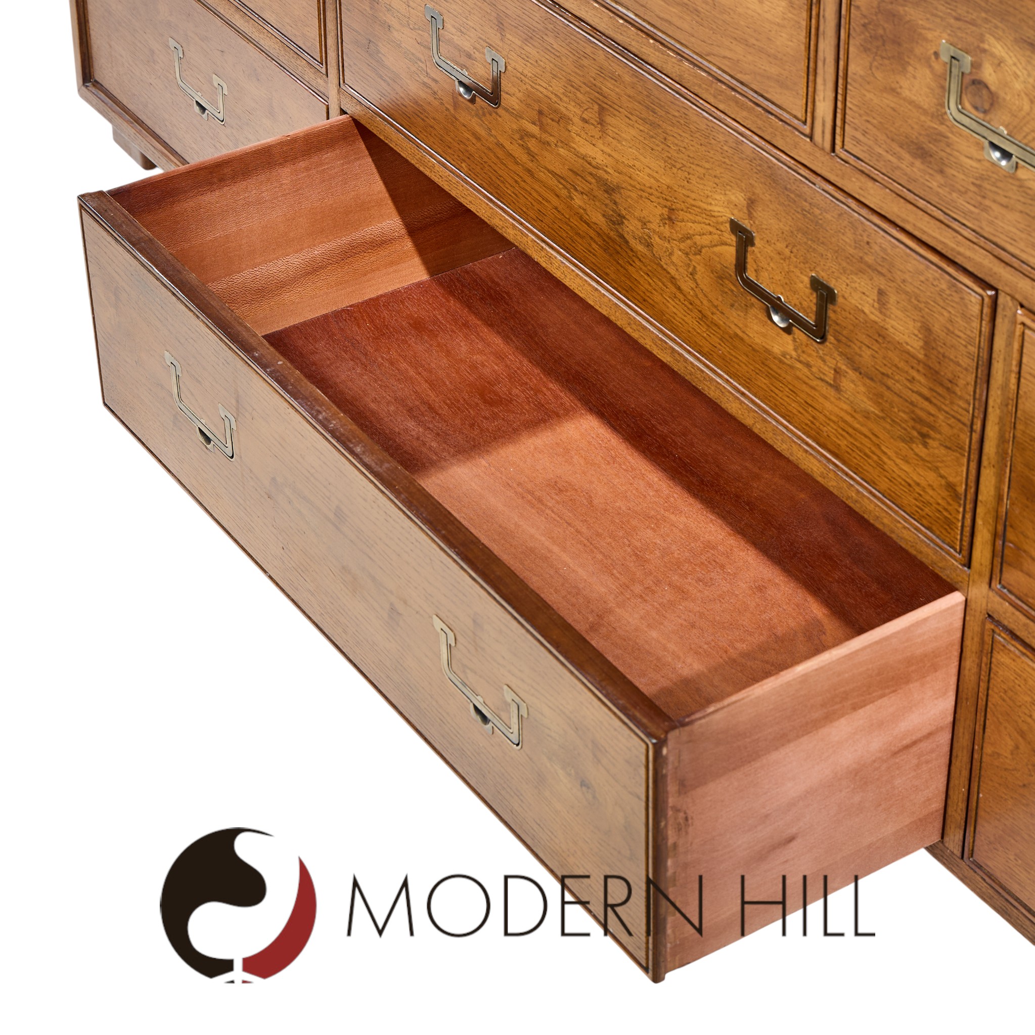 Henredon Campaign Mid Century Oak and Brass Lowboy Dresser