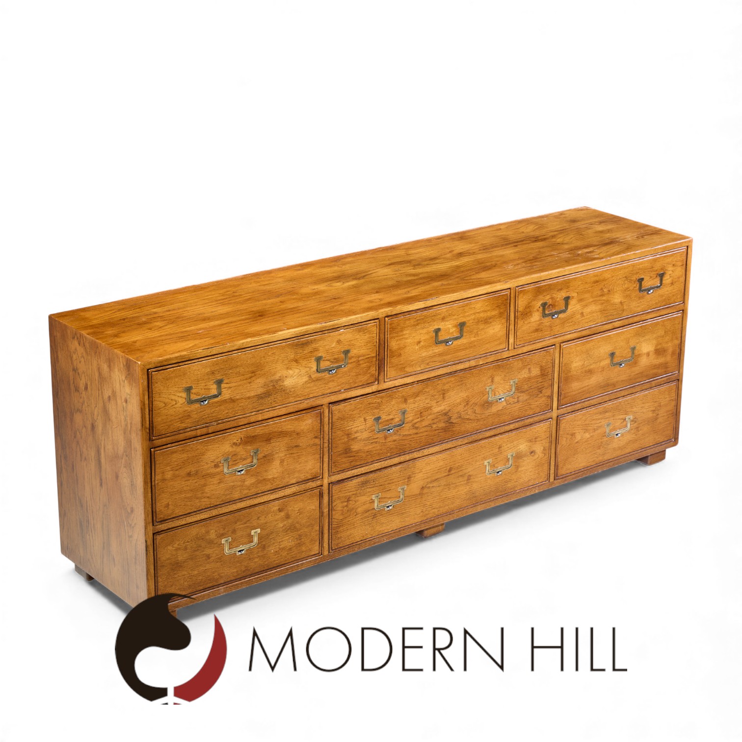 Henredon Campaign Mid Century Oak and Brass Lowboy Dresser