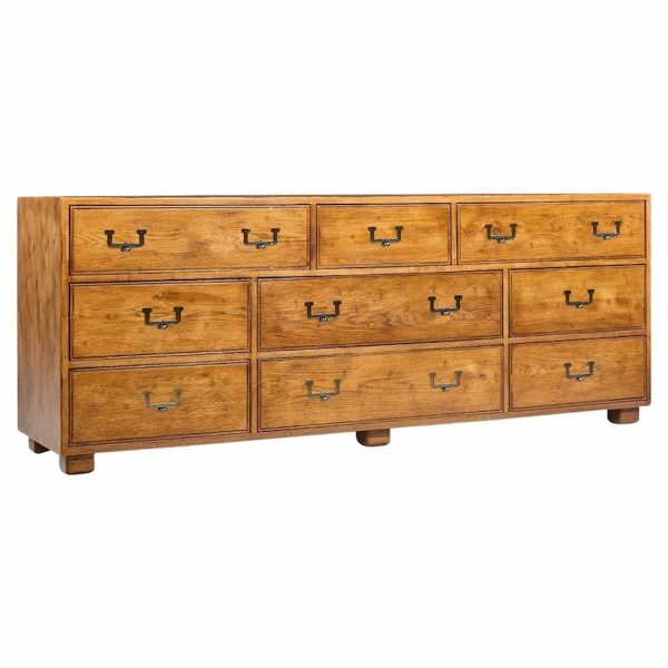 Henredon Campaign Mid Century Oak and Brass Lowboy Dresser