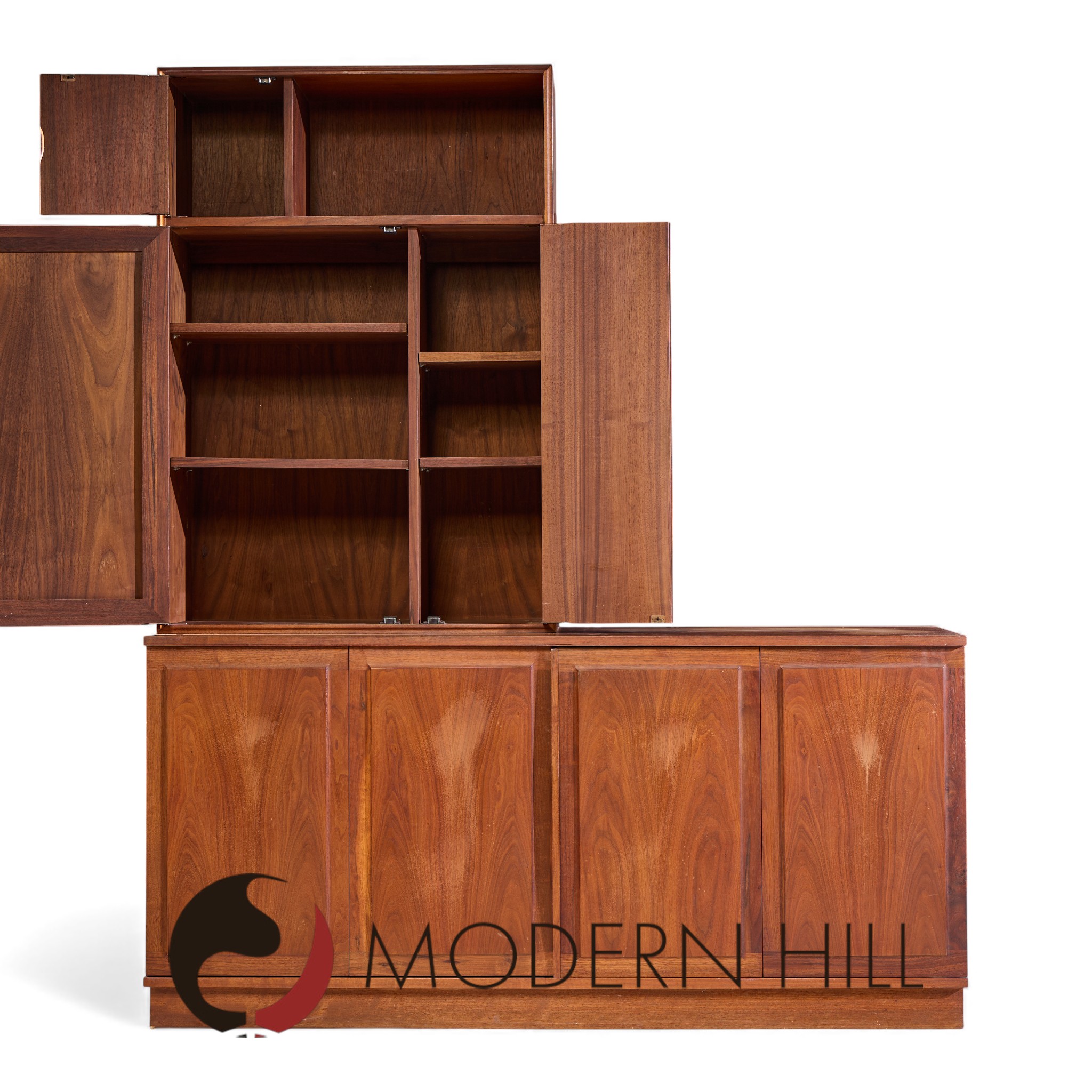 Jack Cartwright for Founders Mid Century Walnut and Cane Credenza and Hutch | Mid Century Modern Furniture - Mid Century Furniture Chicago Jack Cartwright for Founders Mid Century Walnut and Cane Credenza and Hutch