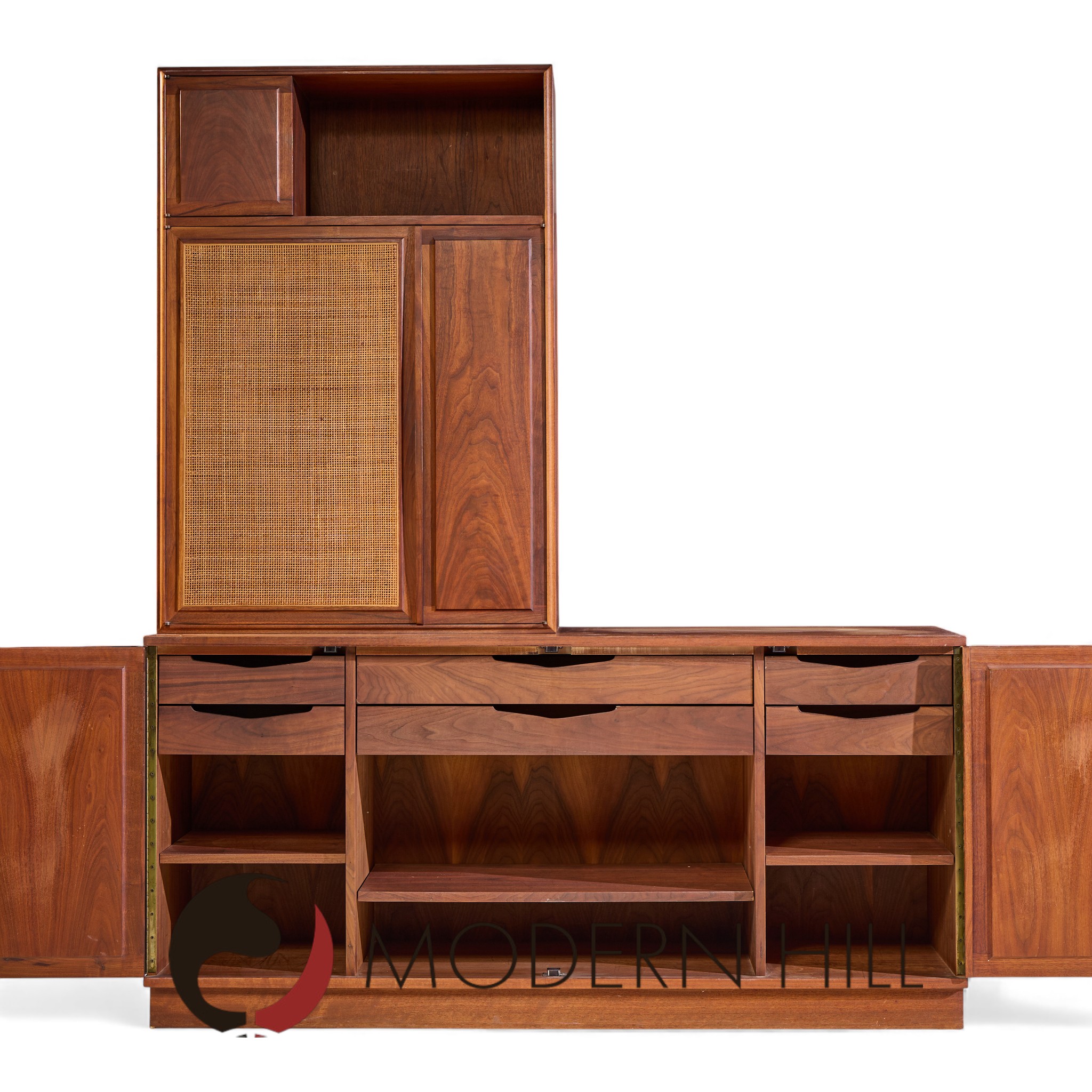 Jack Cartwright for Founders Mid Century Walnut and Cane Credenza and Hutch | Mid Century Modern Furniture - Mid Century Furniture Chicago Jack Cartwright for Founders Mid Century Walnut and Cane Credenza and Hutch