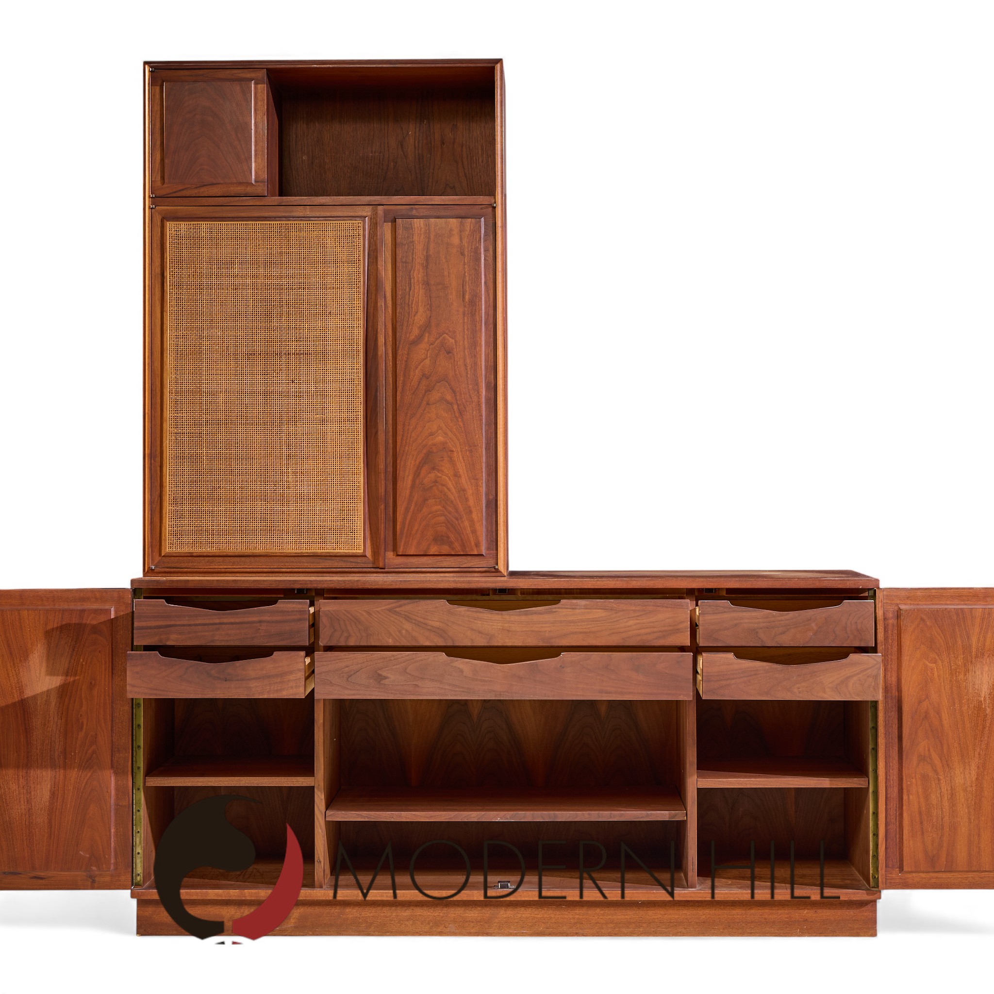 Jack Cartwright for Founders Mid Century Walnut and Cane Credenza and Hutch | Mid Century Modern Furniture - Mid Century Furniture Chicago Jack Cartwright for Founders Mid Century Walnut and Cane Credenza and Hutch