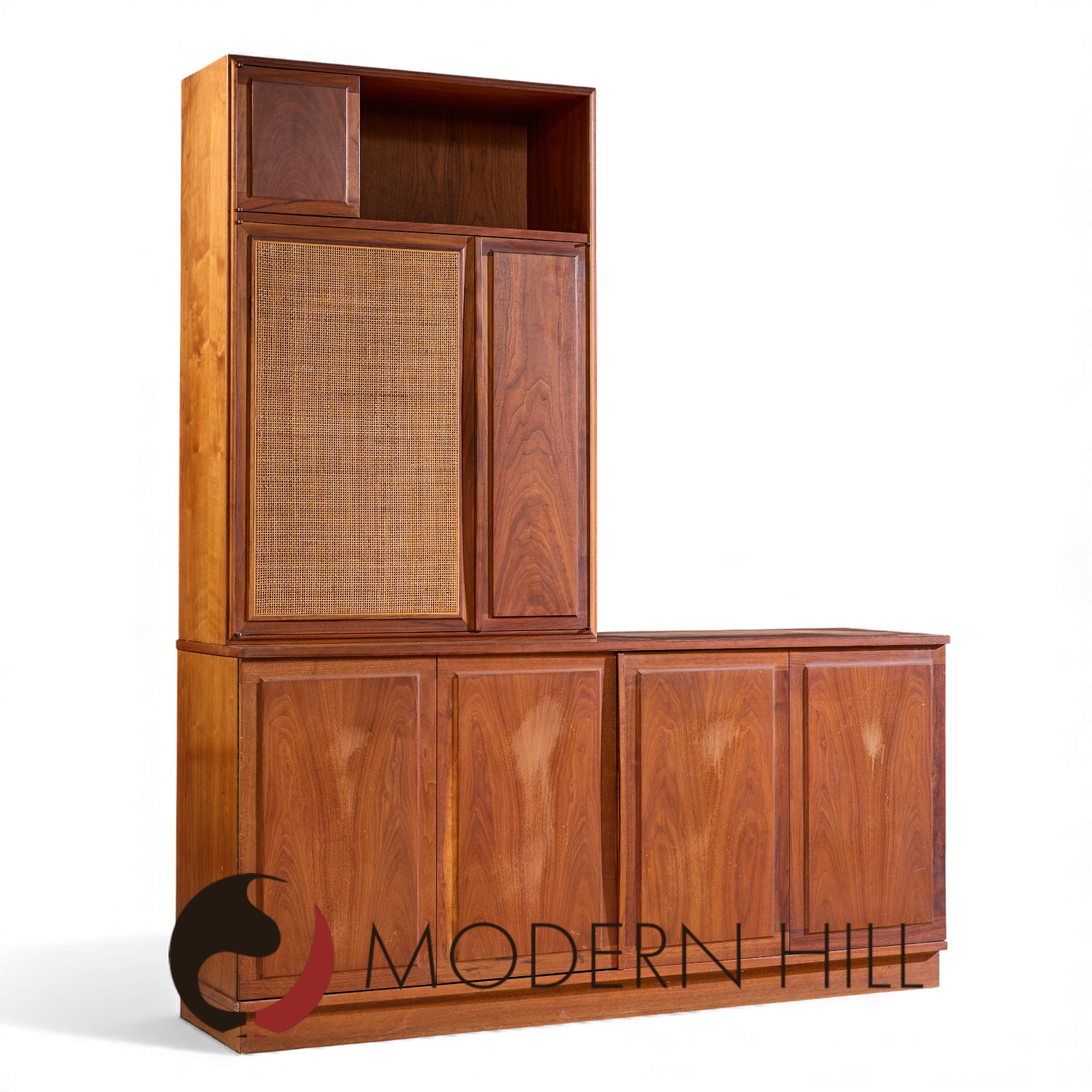 Jack Cartwright for Founders Mid Century Walnut and Cane Credenza and Hutch | Mid Century Modern Furniture - Mid Century Furniture Chicago Jack Cartwright for Founders Mid Century Walnut and Cane Credenza and Hutch