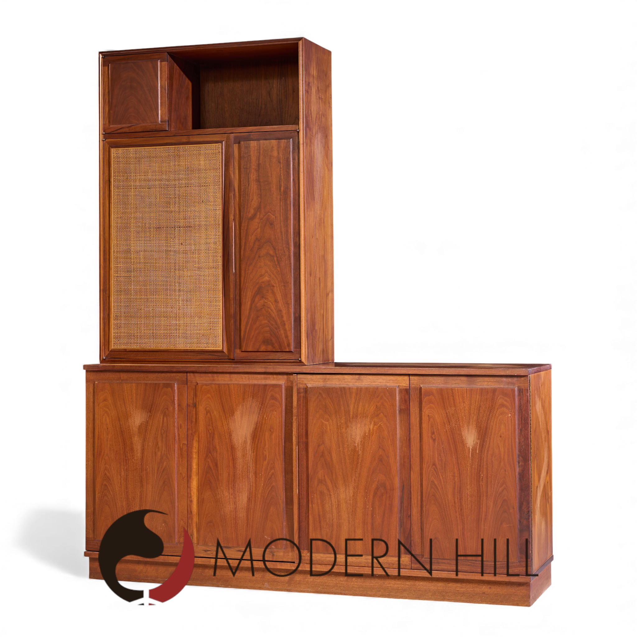 Jack Cartwright for Founders Mid Century Walnut and Cane Credenza and Hutch | Mid Century Modern Furniture - Mid Century Furniture Chicago Jack Cartwright for Founders Mid Century Walnut and Cane Credenza and Hutch