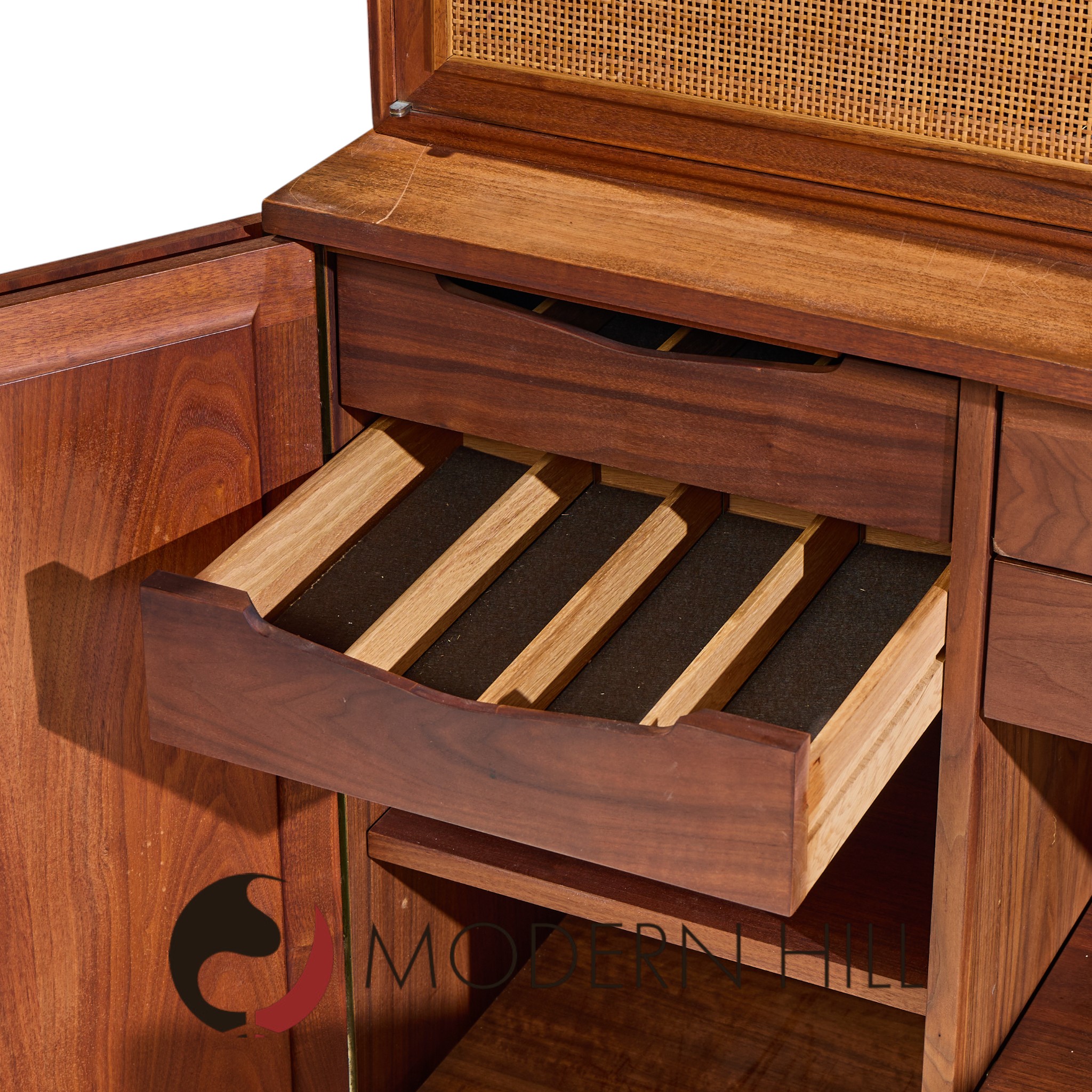 Jack Cartwright for Founders Mid Century Walnut and Cane Credenza and Hutch | Mid Century Modern Furniture - Mid Century Furniture Chicago Jack Cartwright for Founders Mid Century Walnut and Cane Credenza and Hutch