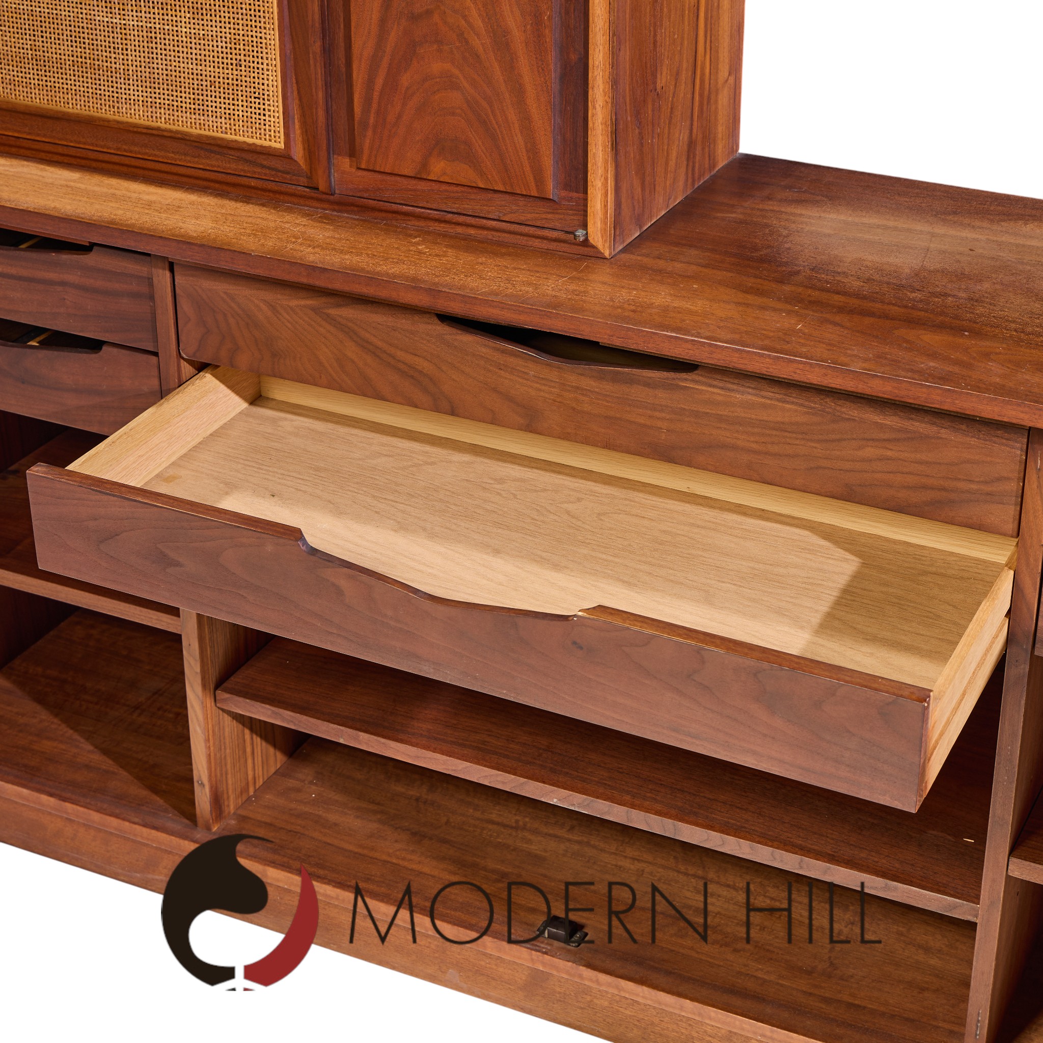 Jack Cartwright for Founders Mid Century Walnut and Cane Credenza and Hutch | Mid Century Modern Furniture - Mid Century Furniture Chicago Jack Cartwright for Founders Mid Century Walnut and Cane Credenza and Hutch