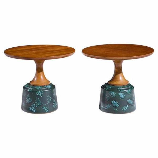 John Van Koert for Drexel Mid Century Green Ceramic and Walnut Side End Tables - Pair