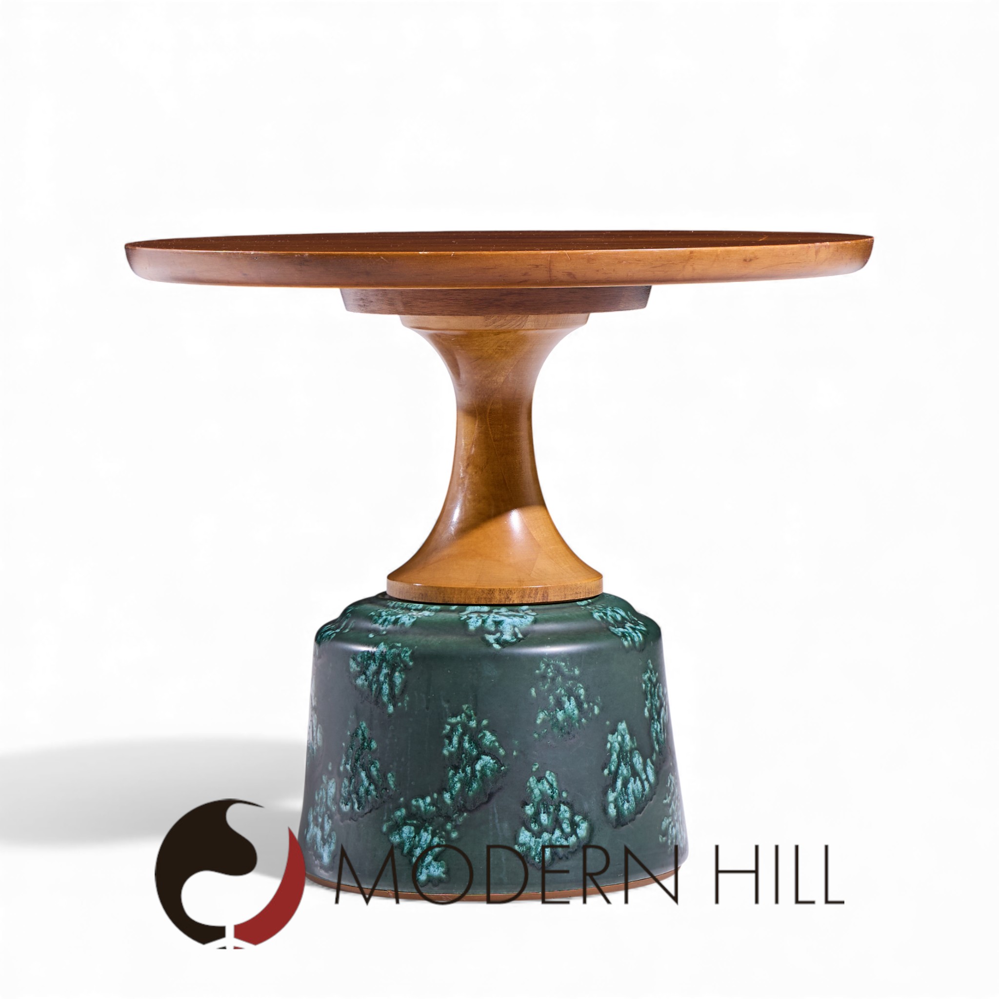 John Van Koert for Drexel Mid Century Green Ceramic and Walnut Side End Tables - Pair