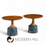 John Van Koert for Drexel Mid Century Green Ceramic and Walnut Side End Tables - Pair