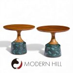 John Van Koert for Drexel Mid Century Green Ceramic and Walnut Side End Tables - Pair