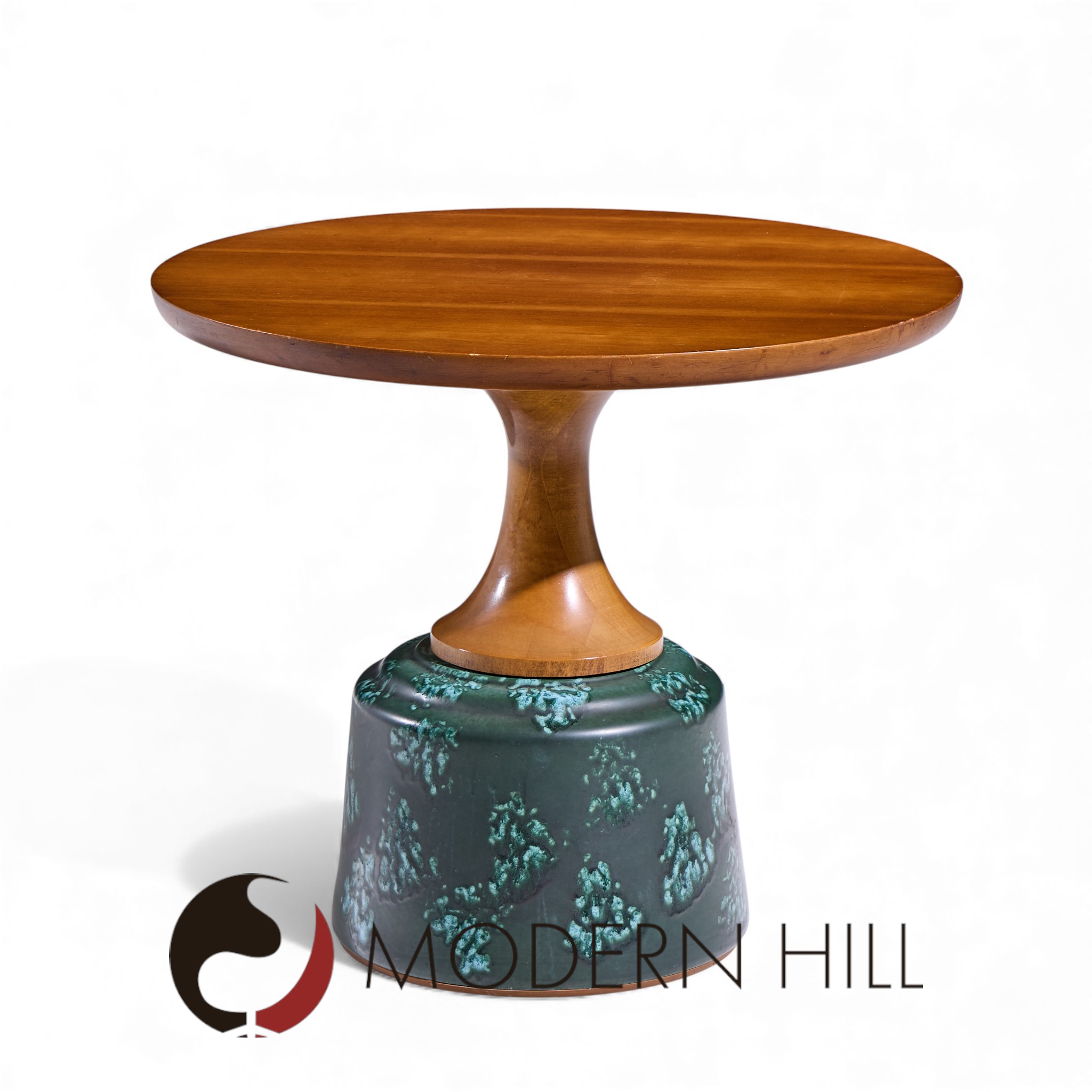 John Van Koert for Drexel Mid Century Green Ceramic and Walnut Side End Tables - Pair