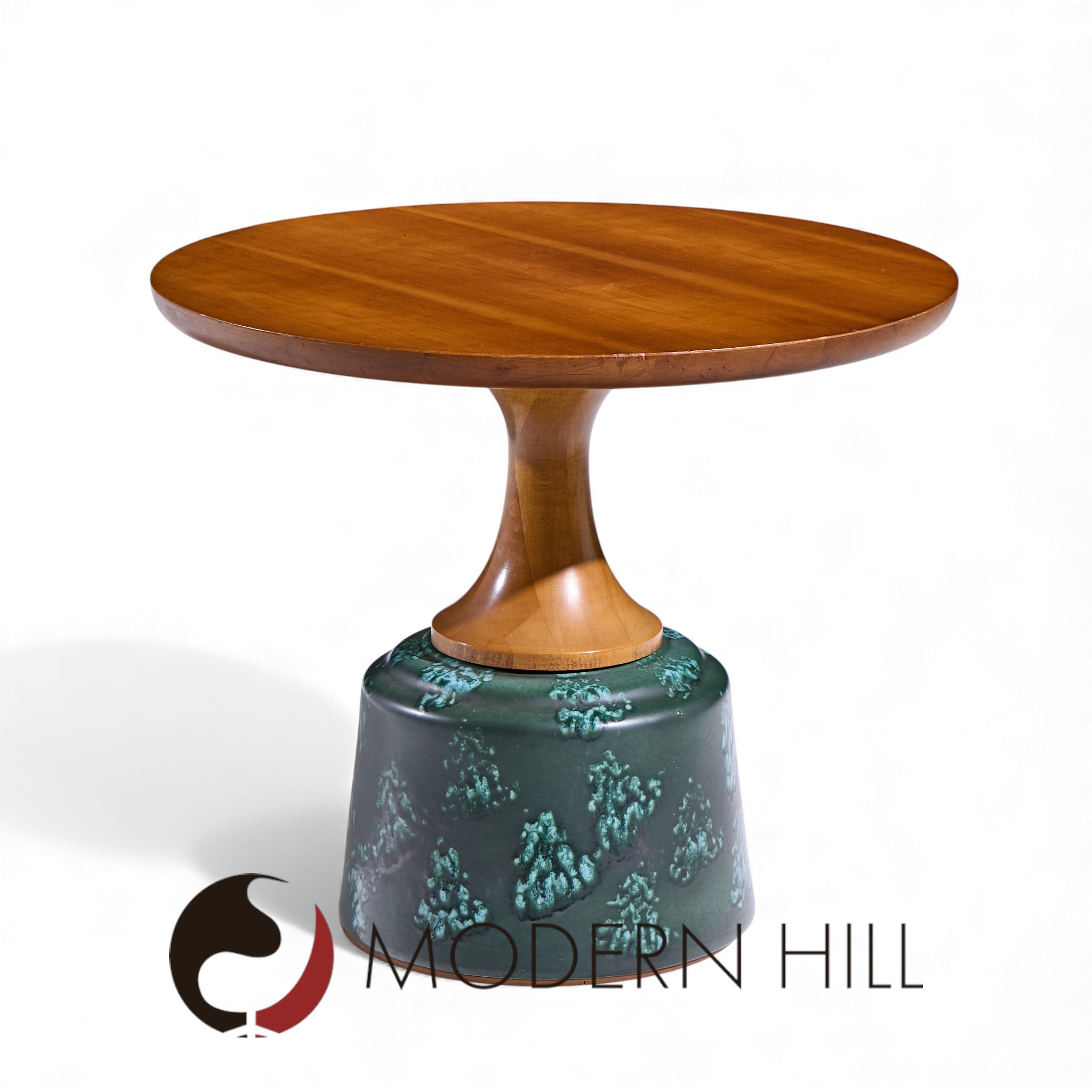 John Van Koert for Drexel Mid Century Green Ceramic and Walnut Side End Tables - Pair