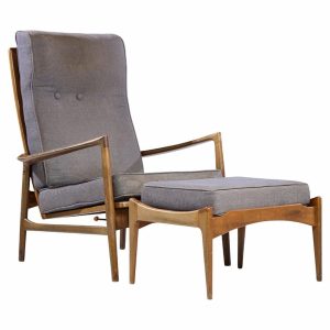 kofod larsen for selig mid century danish walnut lounge chair and ottoman
