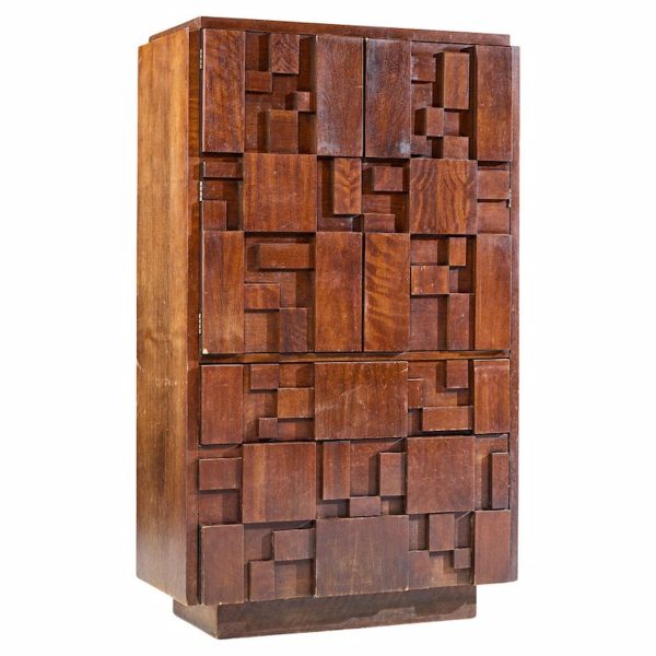 Lane Staccato Brutalist Mid Century Walnut Armoire Dresser
