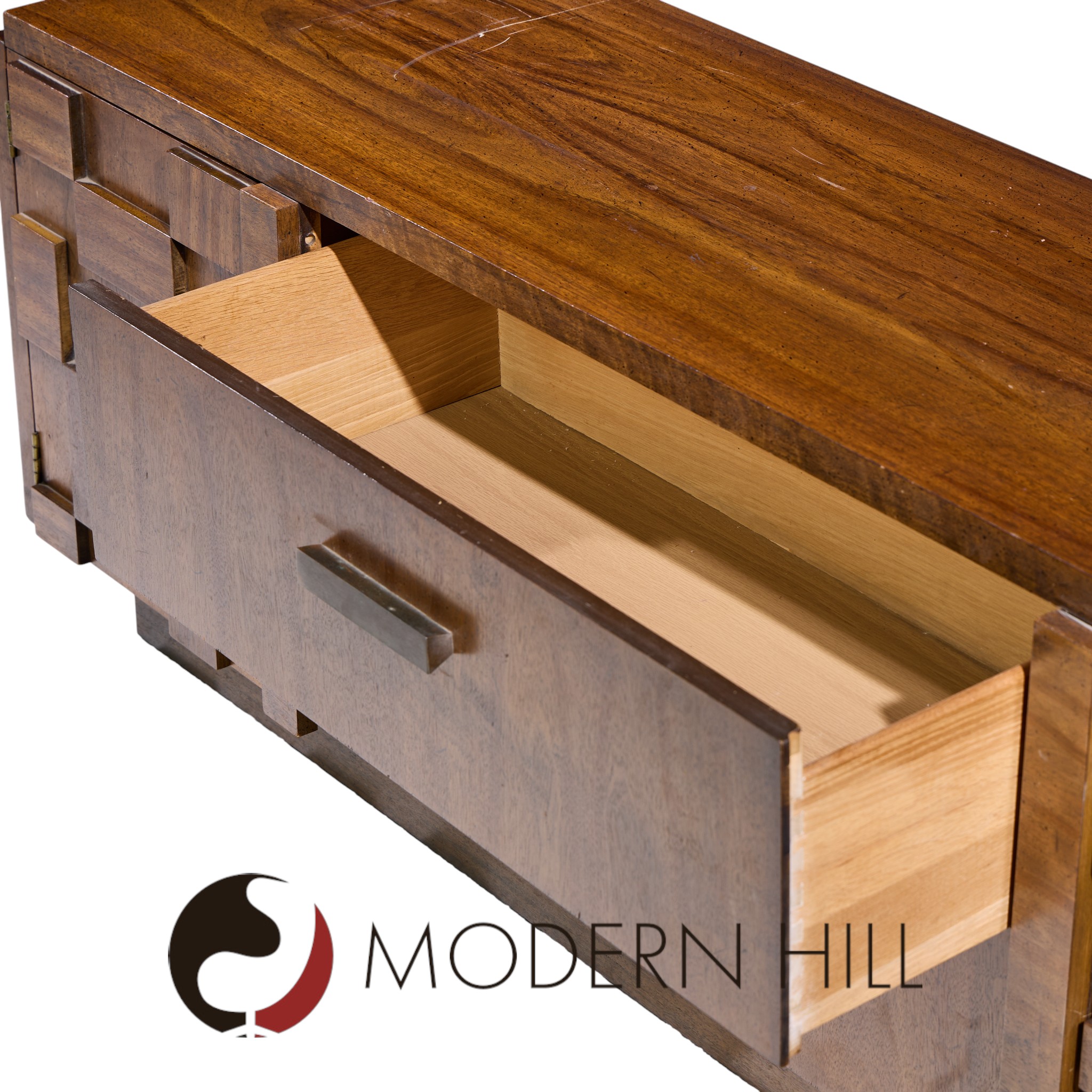 Lane Staccato Brutalist Mid Century Walnut Credenza