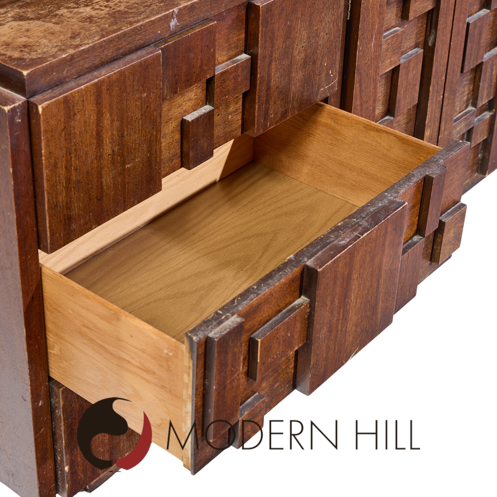 Lane Staccato Brutalist Mid Century Walnut Lowboy Dresser