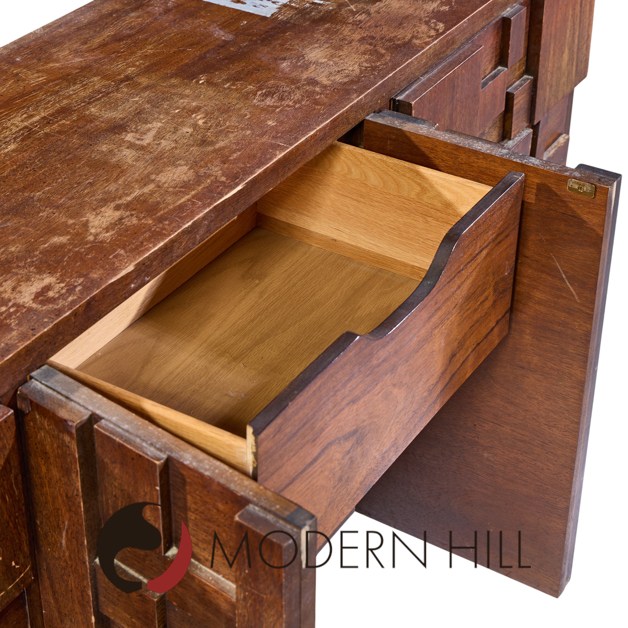 Lane Staccato Brutalist Mid Century Walnut Lowboy Dresser