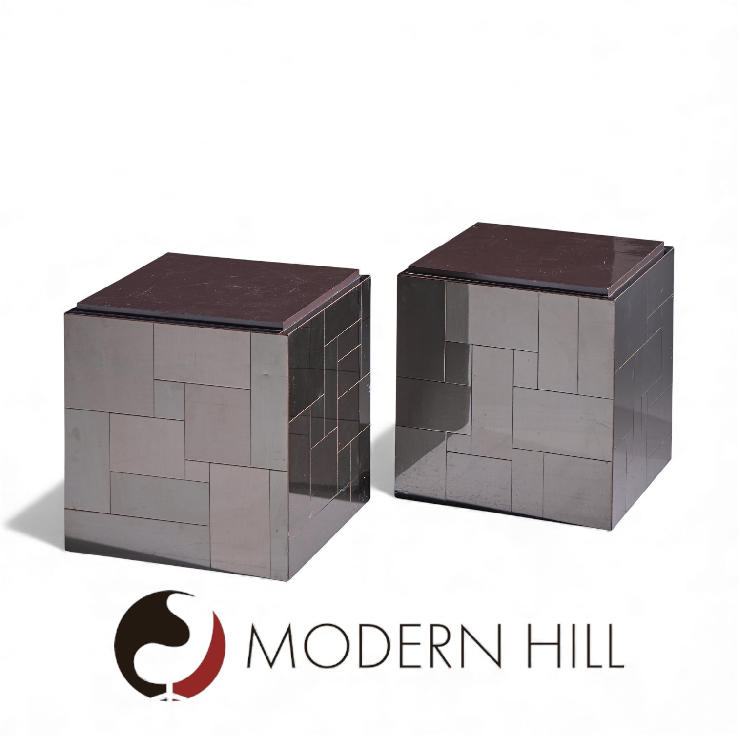 Paul Evans Cityscape Mid Century Gunmetal Cube Side End Tables - Pair