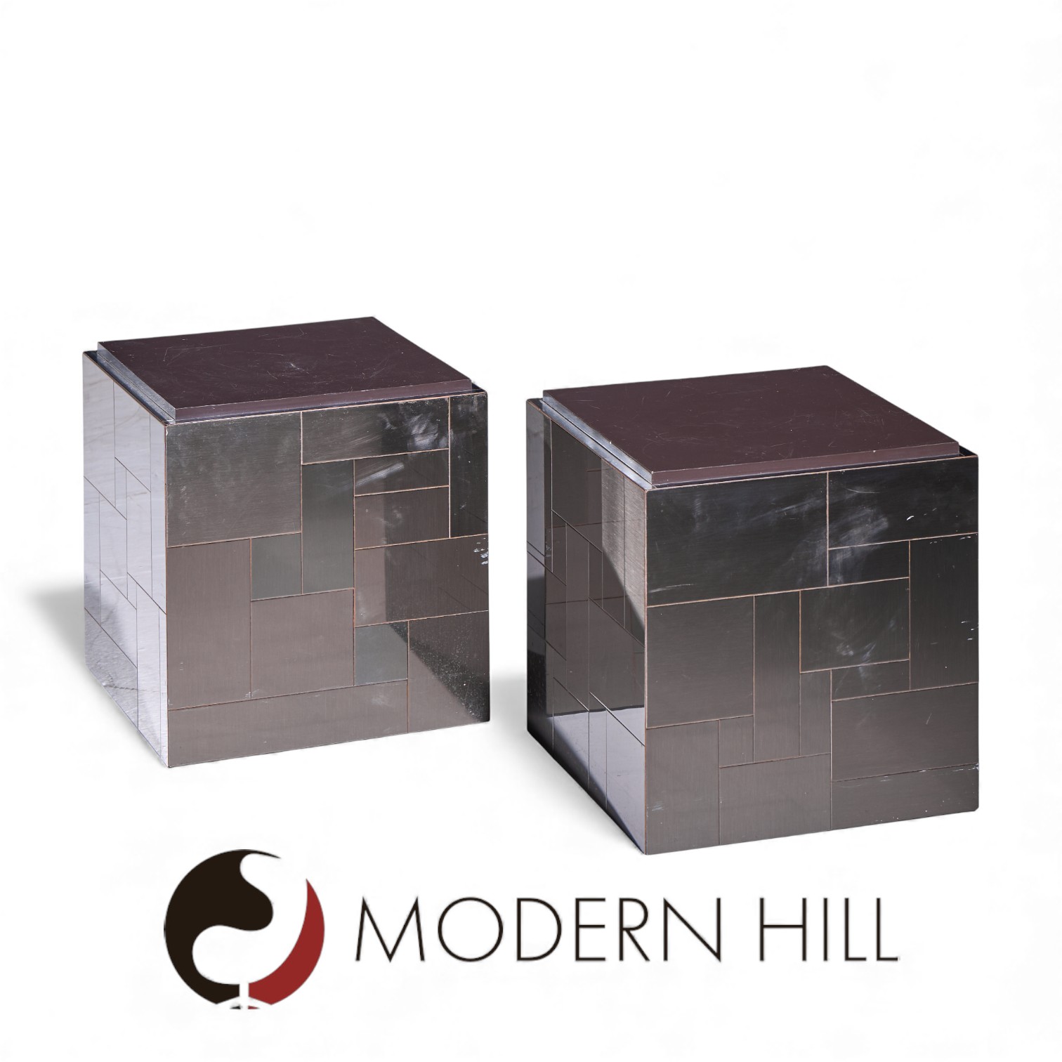 Paul Evans Cityscape Mid Century Gunmetal Cube Side End Tables - Pair
