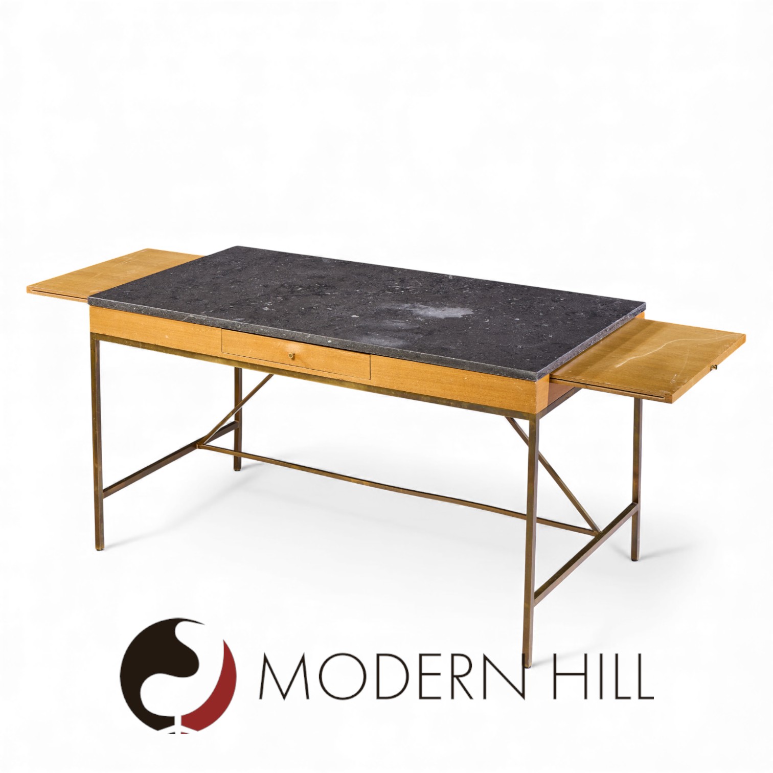 Paul Mccobb for Calvin Mid Century Bleached Mahogany, Brass and Marble Top Desk