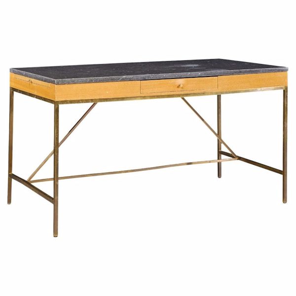 Paul Mccobb for Calvin Mid Century Bleached Mahogany, Brass and Marble Top Desk