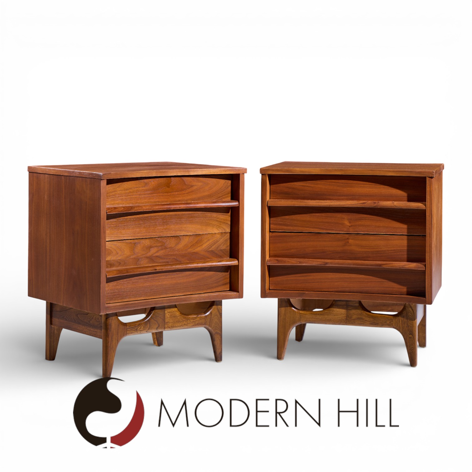Young Manufacturing Mid Century Curved Walnut Nightstands - Pair