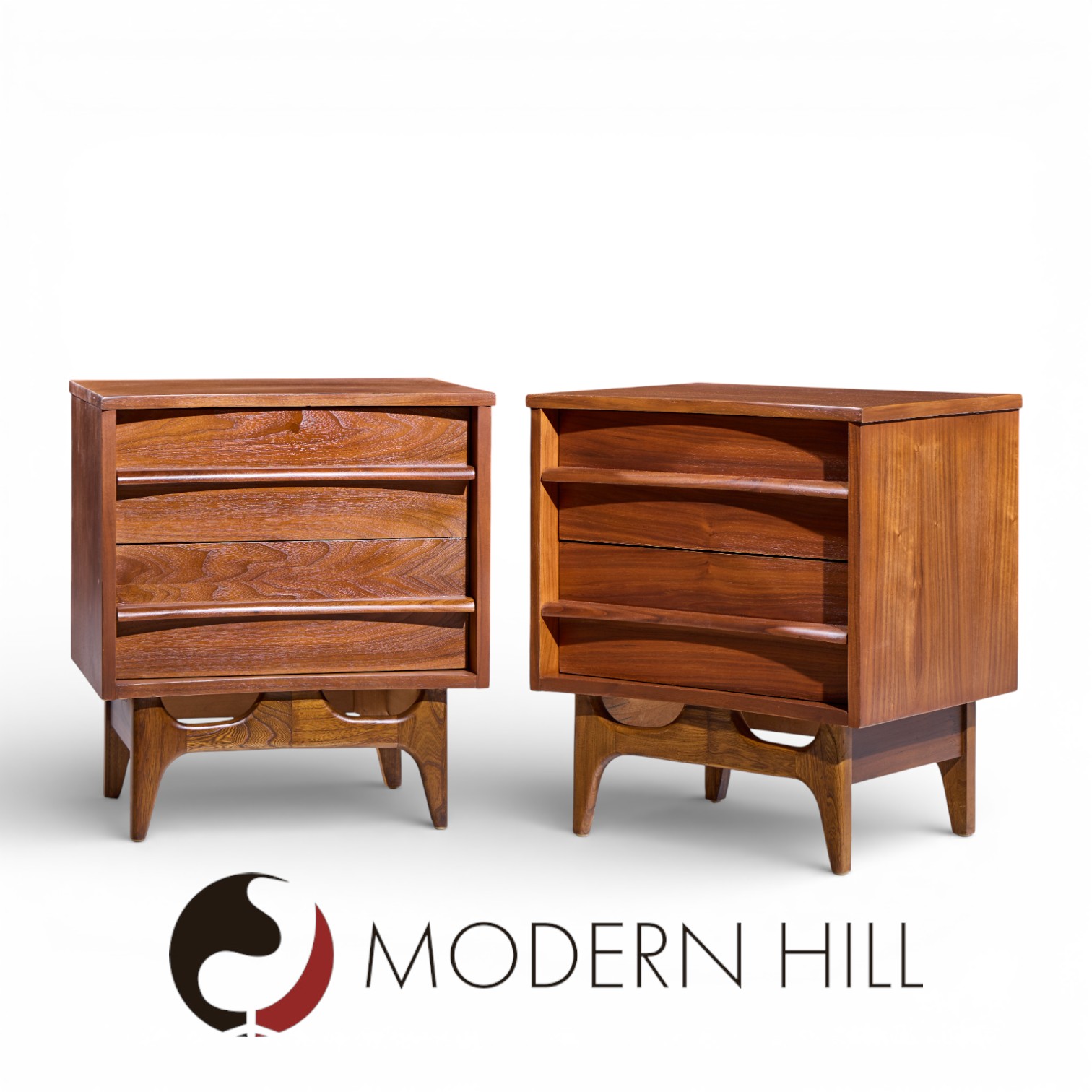 Young Manufacturing Mid Century Curved Walnut Nightstands - Pair