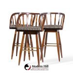 Edward Wormley for Dunbar Mid Century Mahogany and Brass Barstools - Set of 3