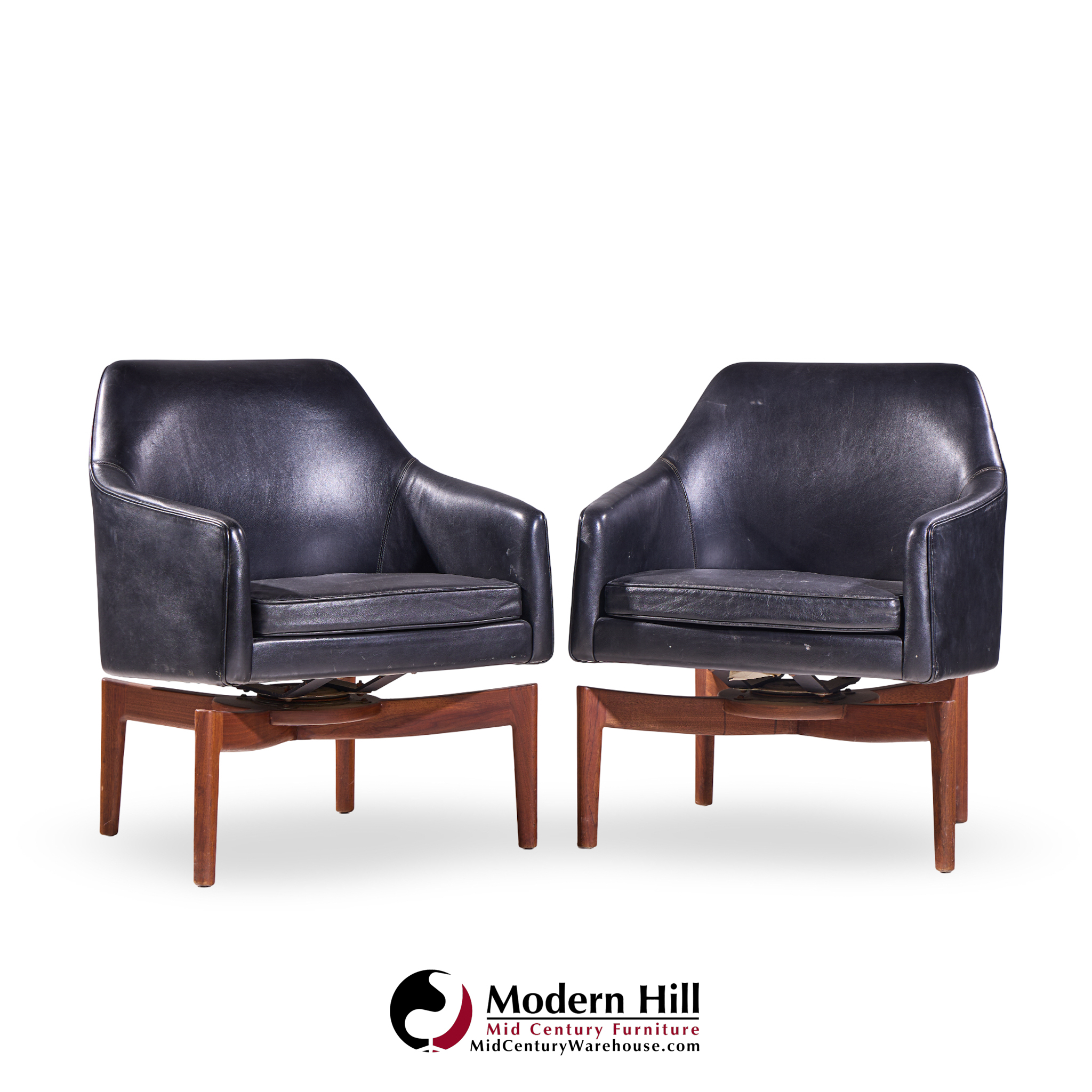 Jens Risom Mid Century Walnut Swivel Chairs - Pair