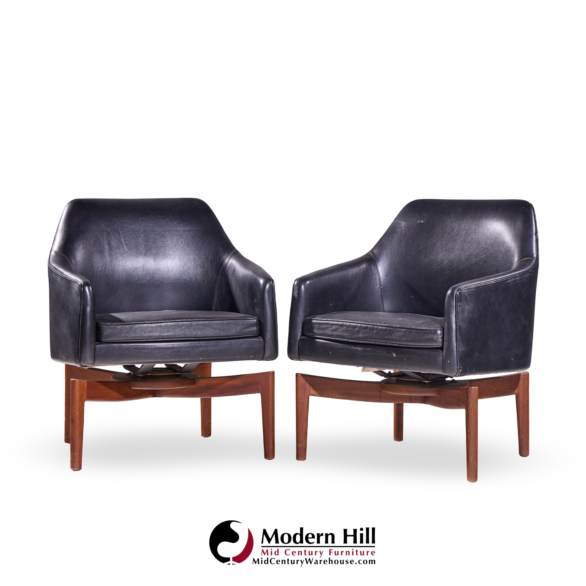 Jens Risom Mid Century Walnut Swivel Chairs - Pair