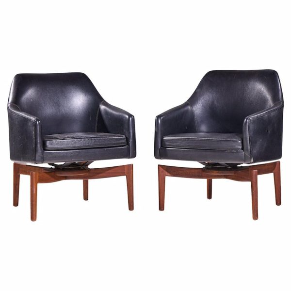 Jens Risom Mid Century Walnut Swivel Chairs - Pair