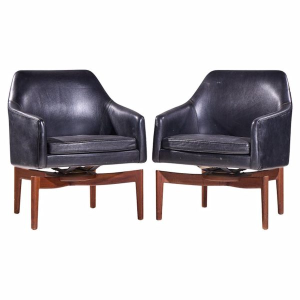 Jens Risom Mid Century Walnut Swivel Chairs - Pair