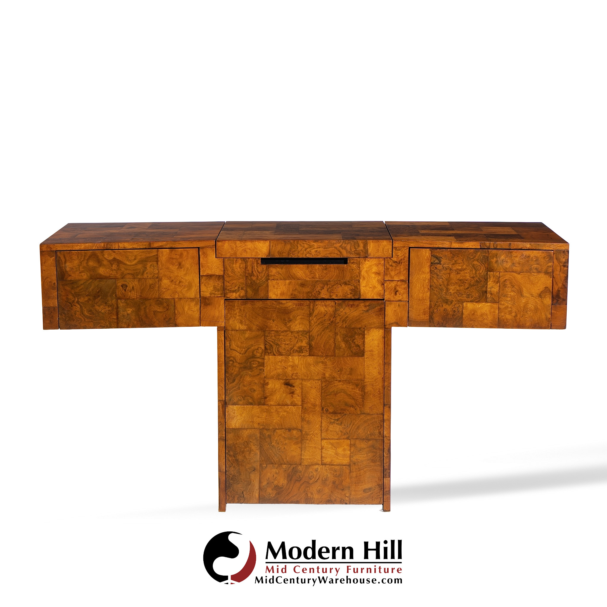 Paul Evans for Directional Mid Century Patchwork Burlwood T Bar Console Table