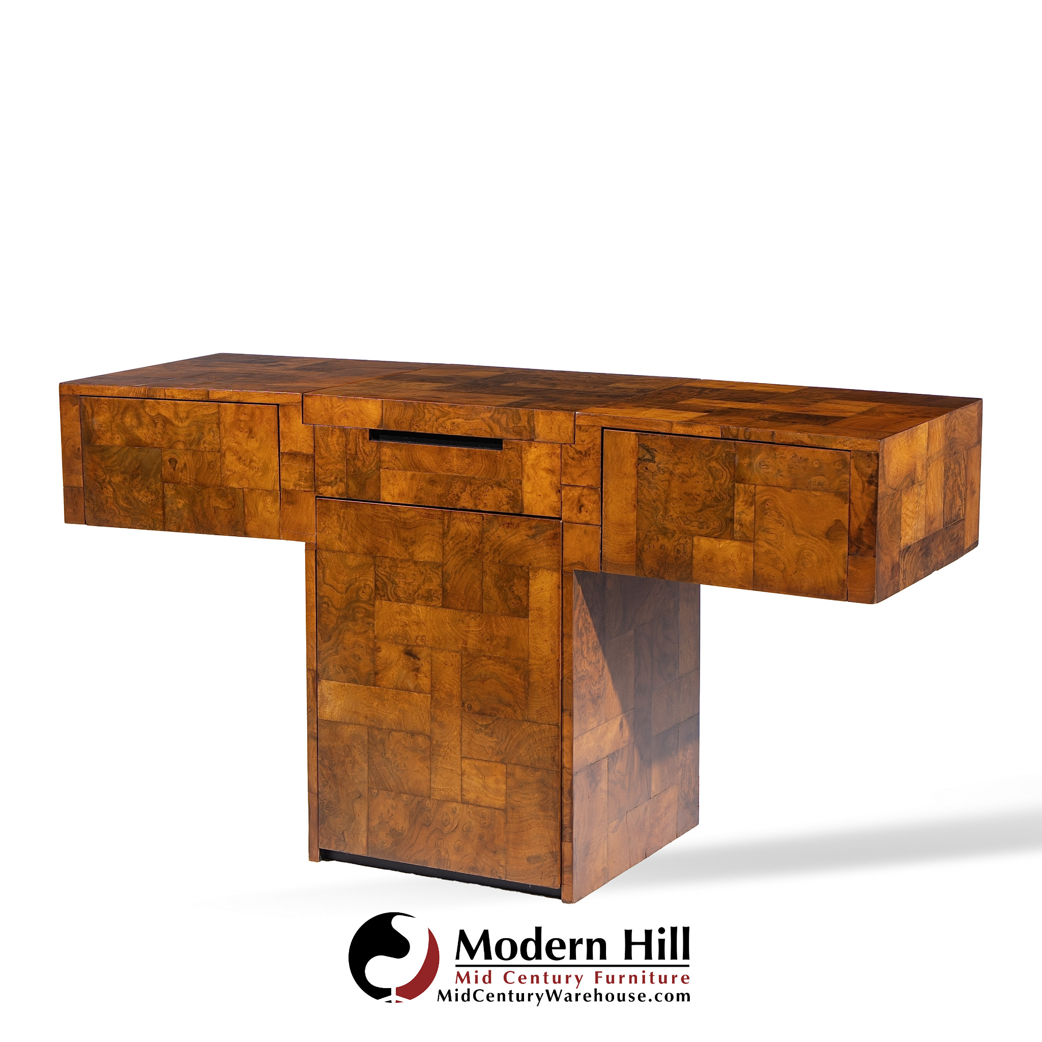 Paul Evans for Directional Mid Century Patchwork Burlwood T Bar Console Table