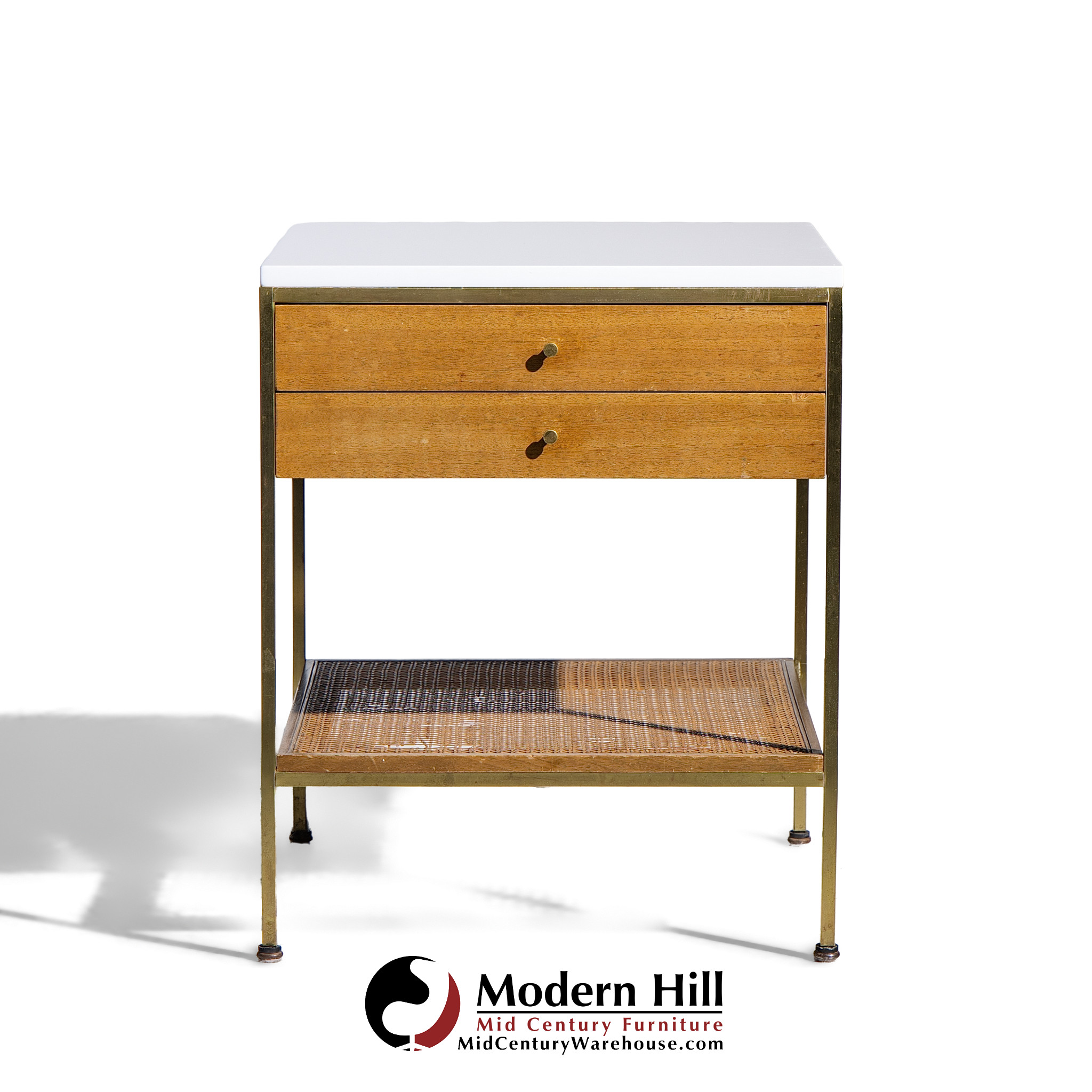 Paul Mccobb for Calvin Irwin Group Model 8714 Mid Century Bleached Mahogany, Cane, Brass and Glass Nightstand
