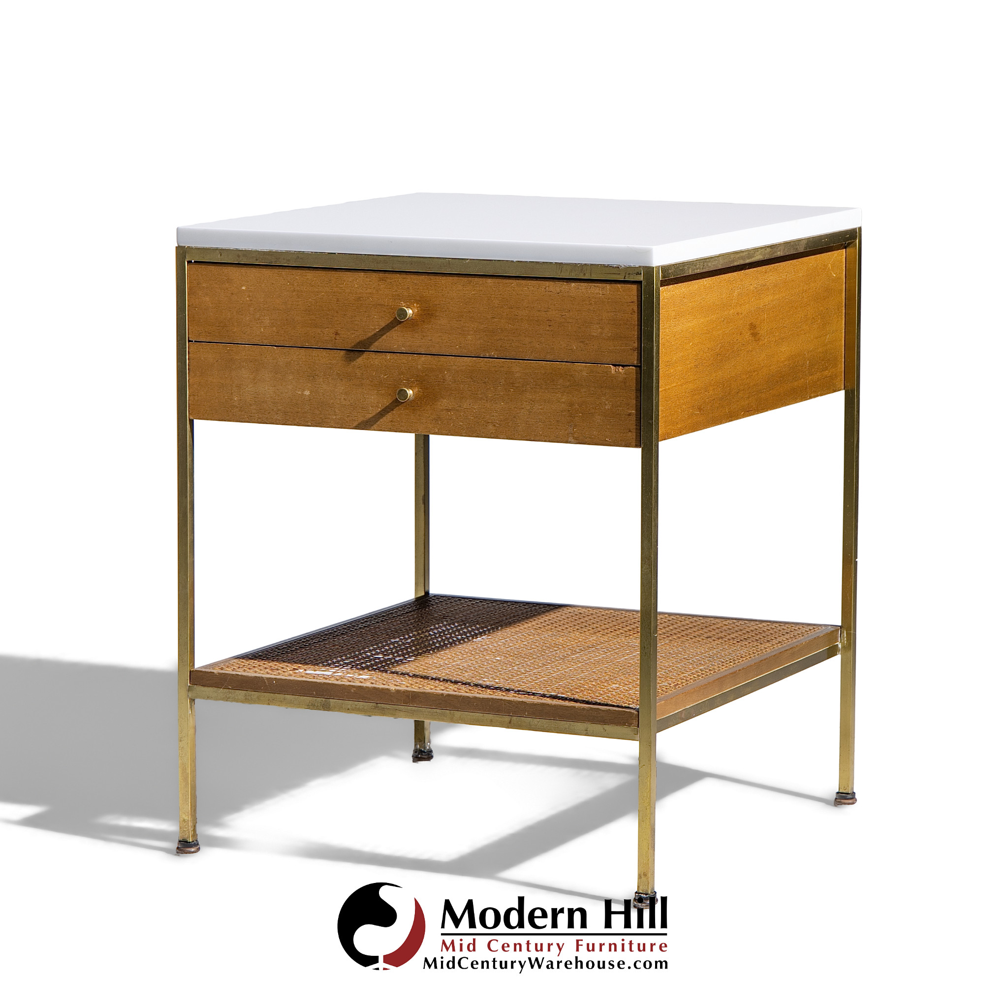 Paul Mccobb for Calvin Irwin Group Model 8714 Mid Century Bleached Mahogany, Cane, Brass and Glass Nightstand