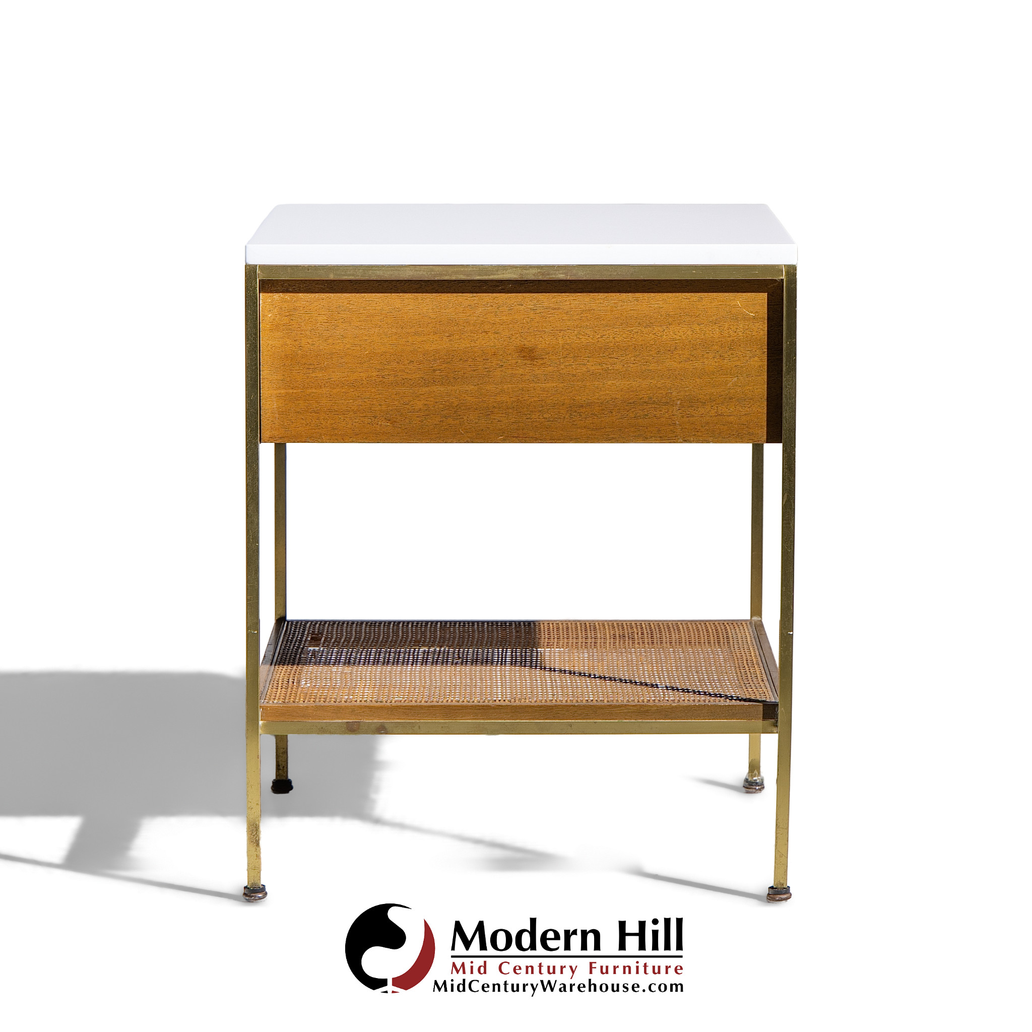 Paul Mccobb for Calvin Irwin Group Model 8714 Mid Century Bleached Mahogany, Cane, Brass and Glass Nightstand