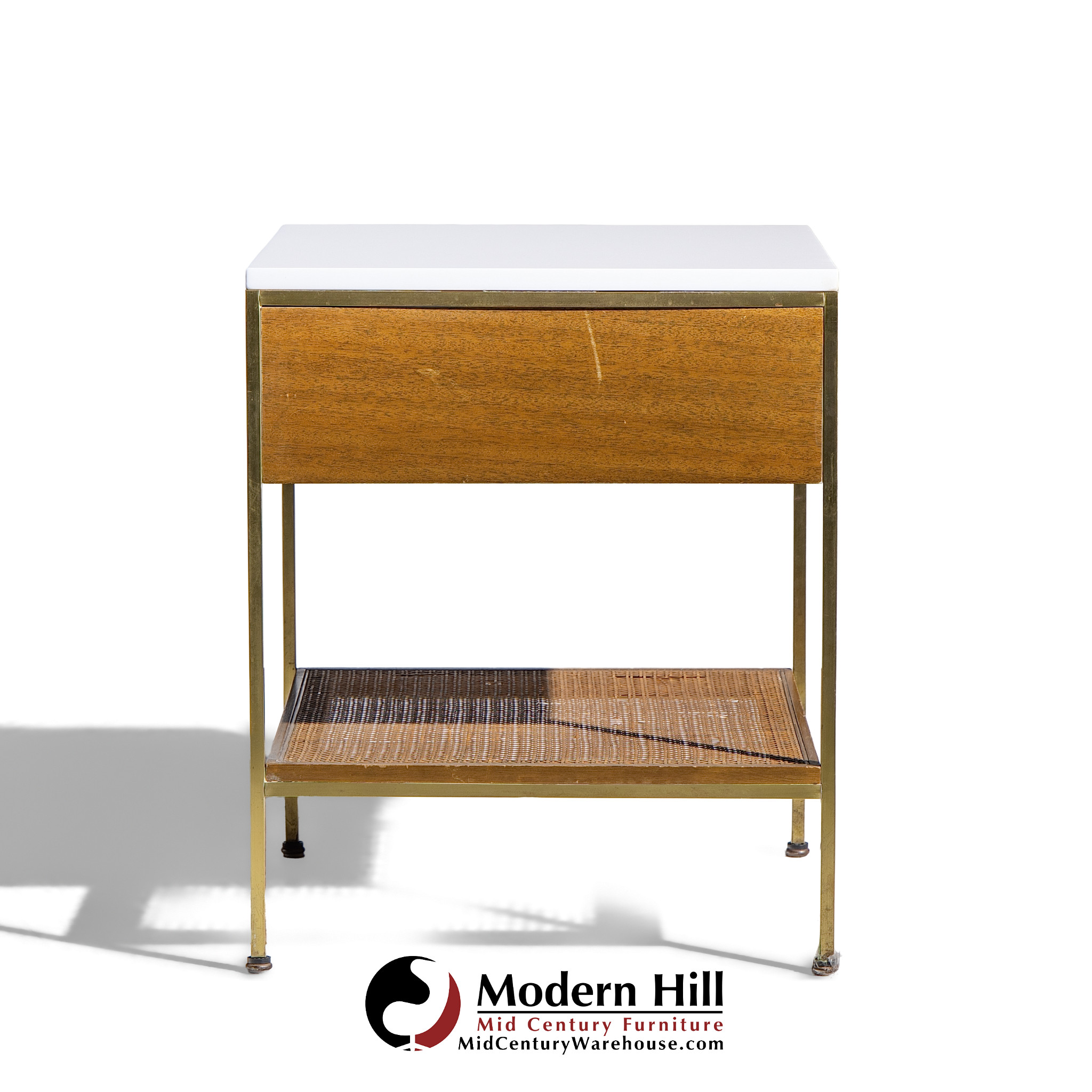 Paul Mccobb for Calvin Irwin Group Model 8714 Mid Century Bleached Mahogany, Cane, Brass and Glass Nightstand