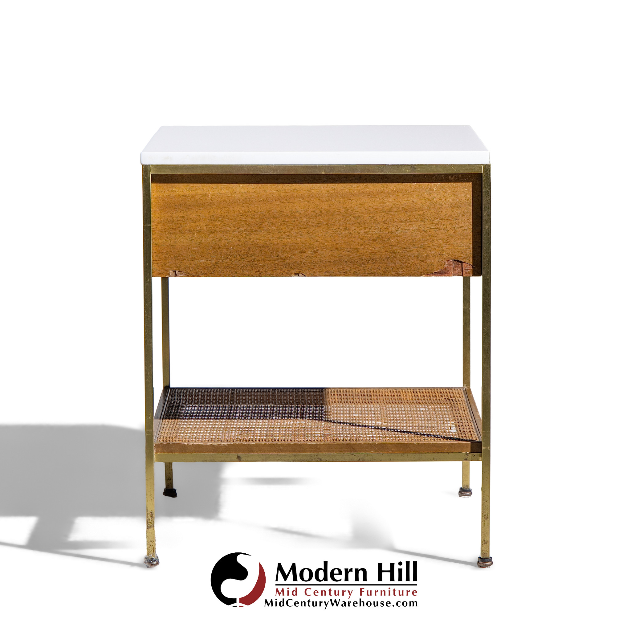 Paul Mccobb for Calvin Irwin Group Model 8714 Mid Century Bleached Mahogany, Cane, Brass and Glass Nightstand
