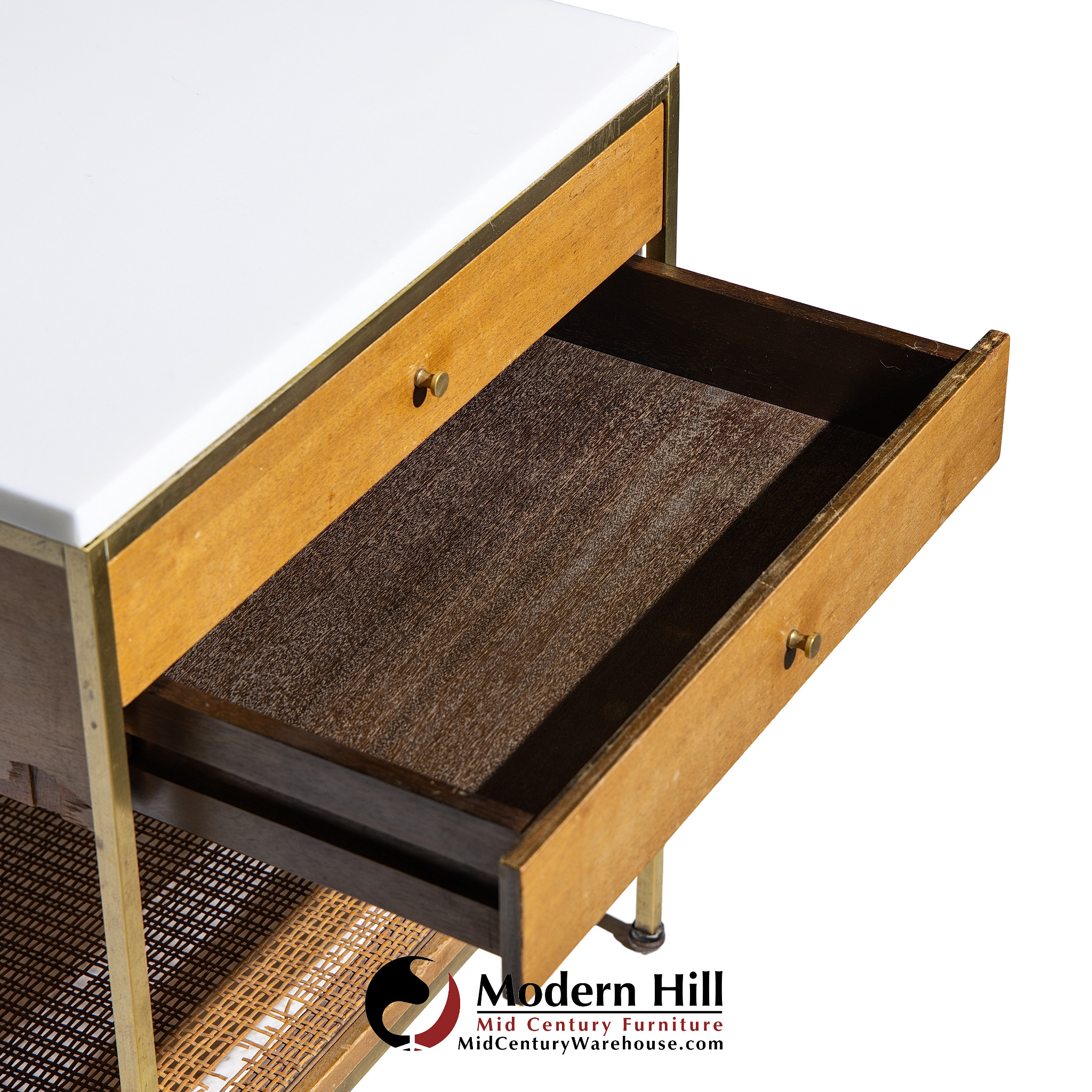 Paul Mccobb for Calvin Irwin Group Model 8714 Mid Century Bleached Mahogany, Cane, Brass and Glass Nightstand