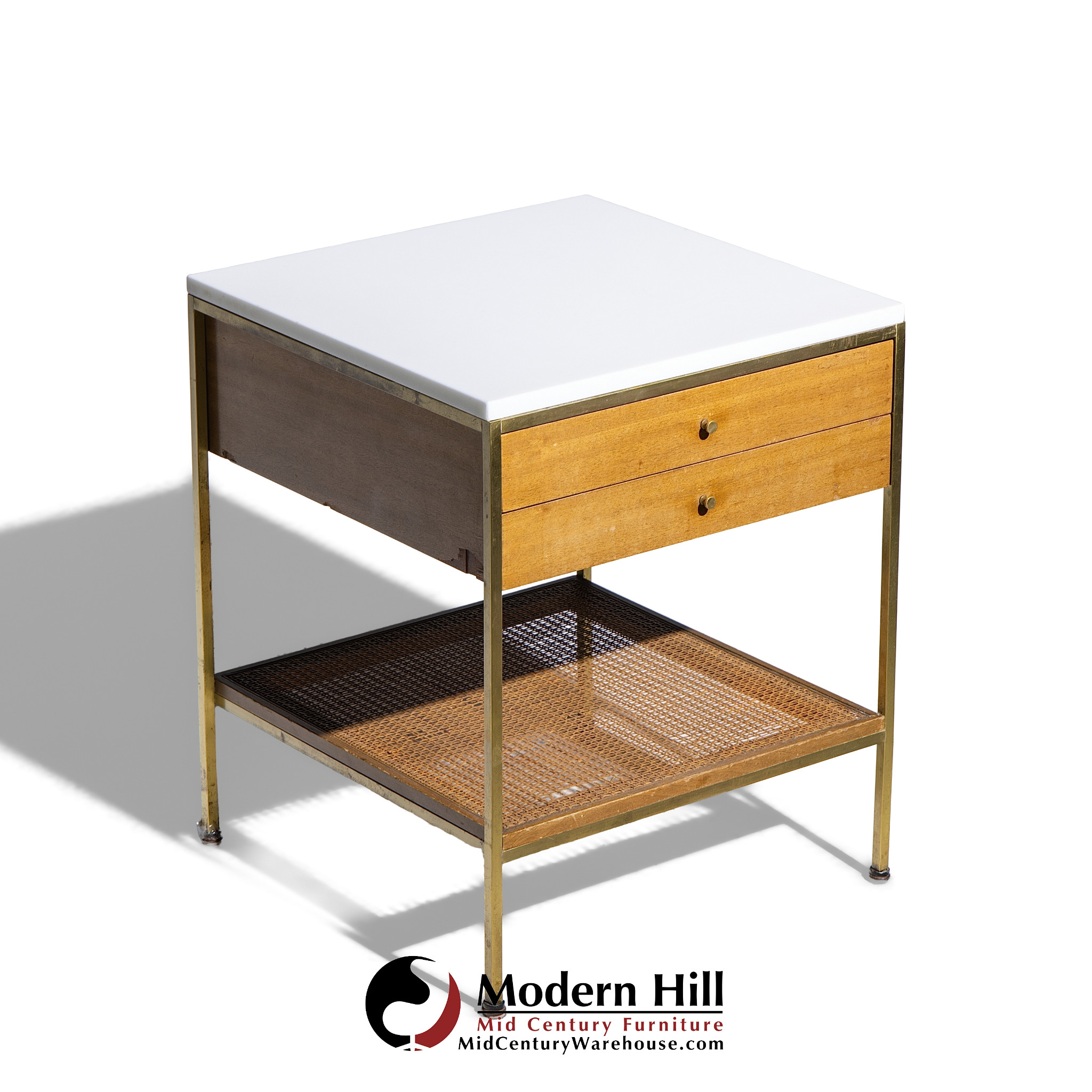 Paul Mccobb for Calvin Irwin Group Model 8714 Mid Century Bleached Mahogany, Cane, Brass and Glass Nightstand