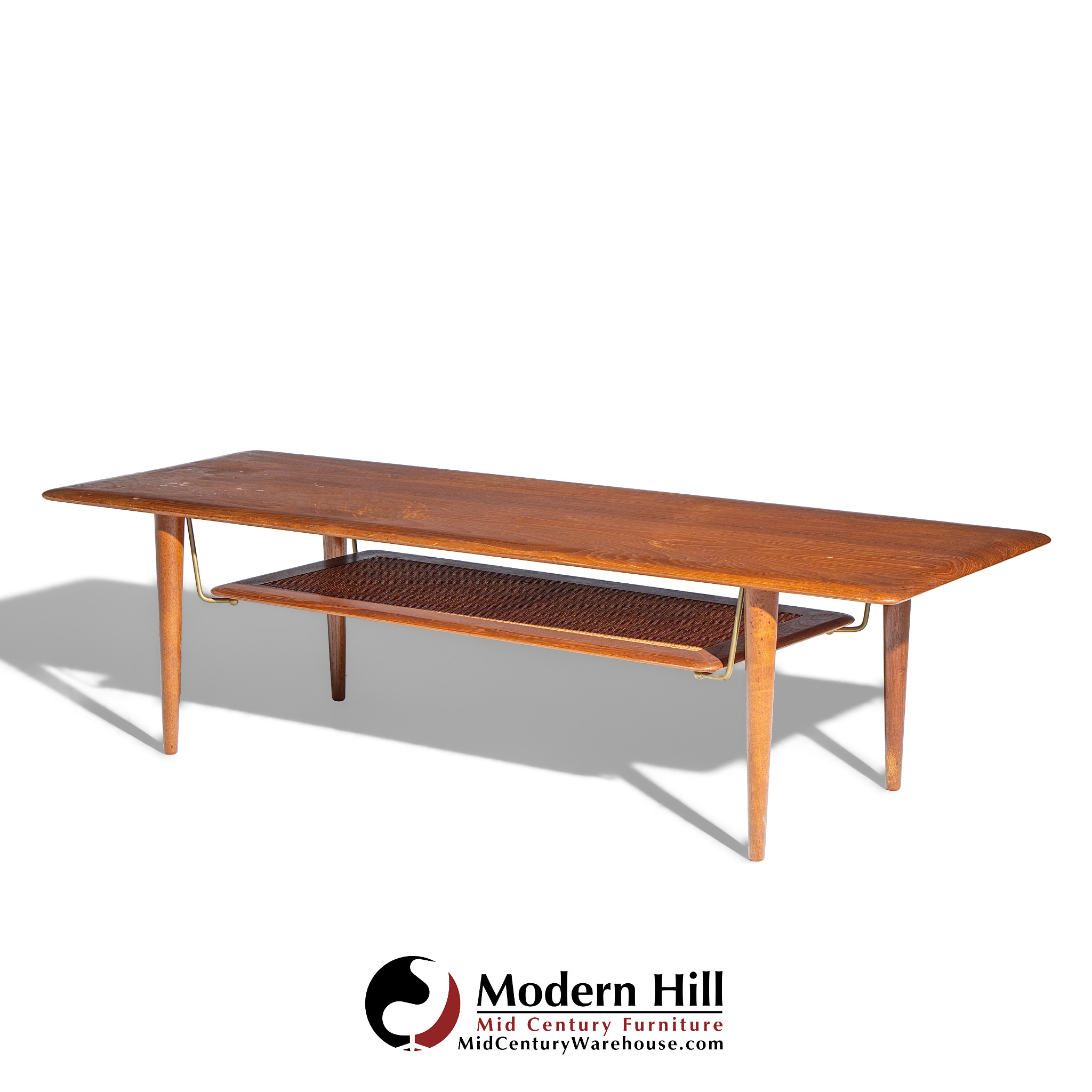 Peter Hvidt and Orla Mølgaard Nielsen for France and Son Fd 516 Mid Century Teak Cane and Brass Coffee Table