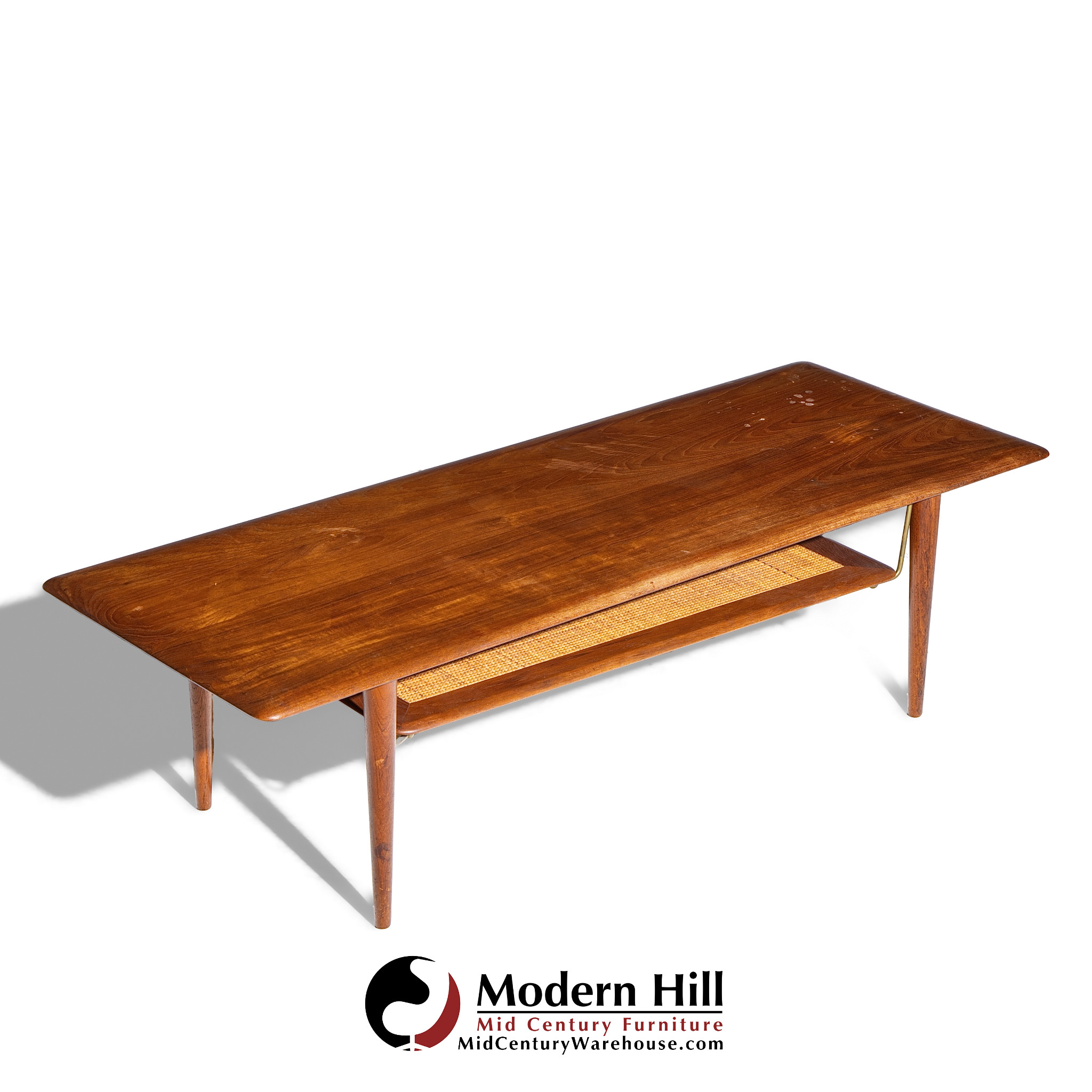 Peter Hvidt and Orla Mølgaard Nielsen for France and Son Fd 516 Mid Century Teak Cane and Brass Coffee Table