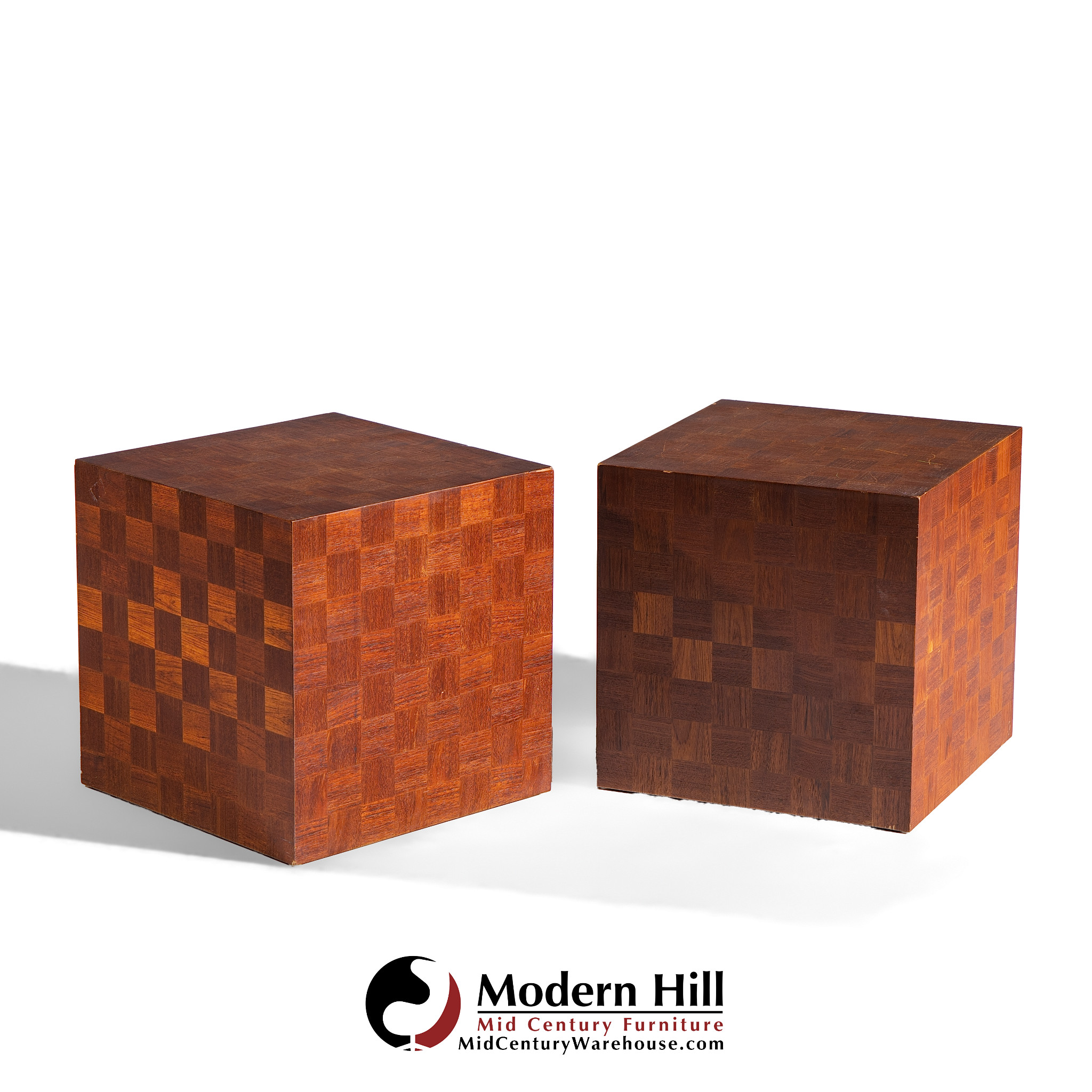 Thayer Coggin Style Mid Century Walnut Parquet Cube End Tables - Pair