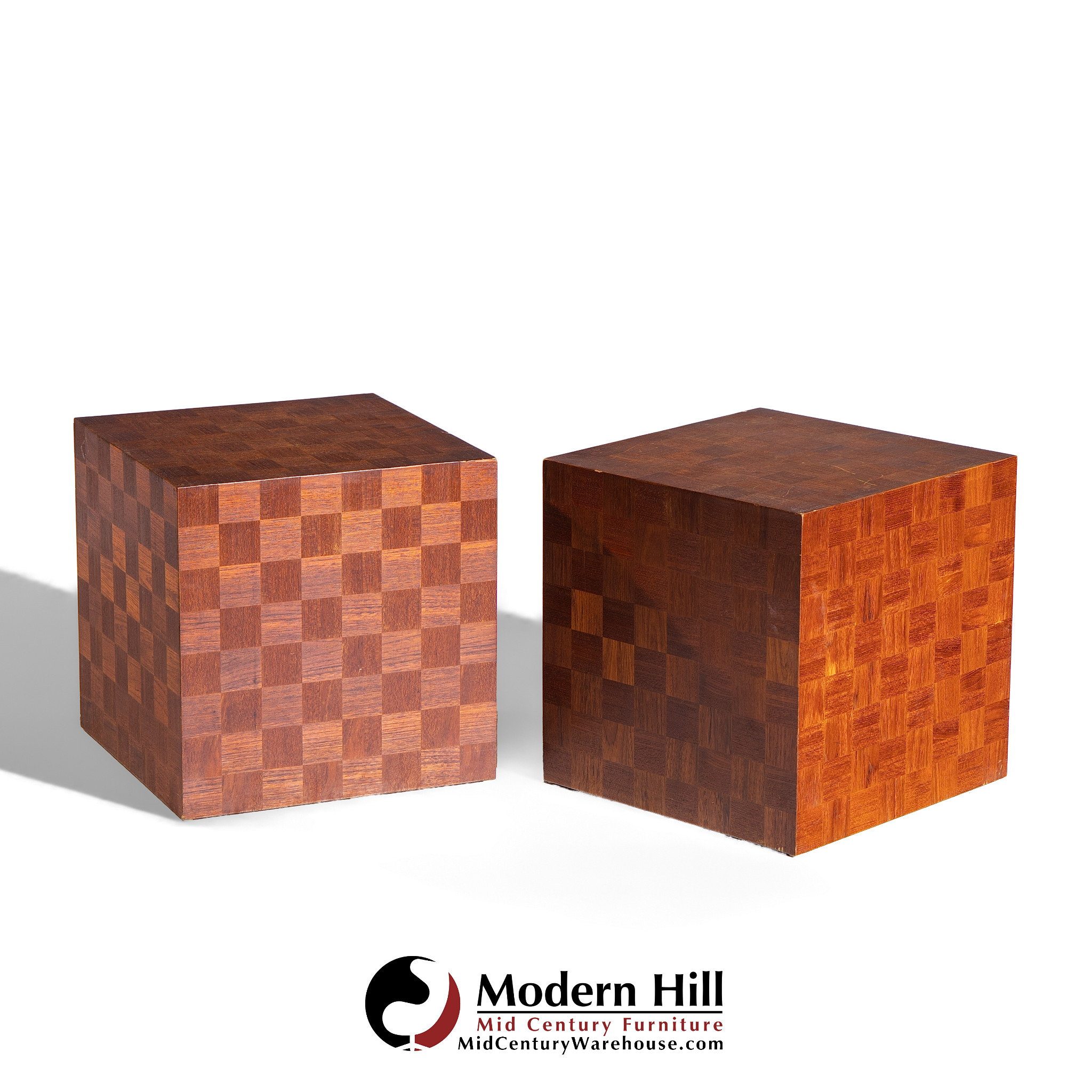 Thayer Coggin Style Mid Century Walnut Parquet Cube End Tables - Pair
