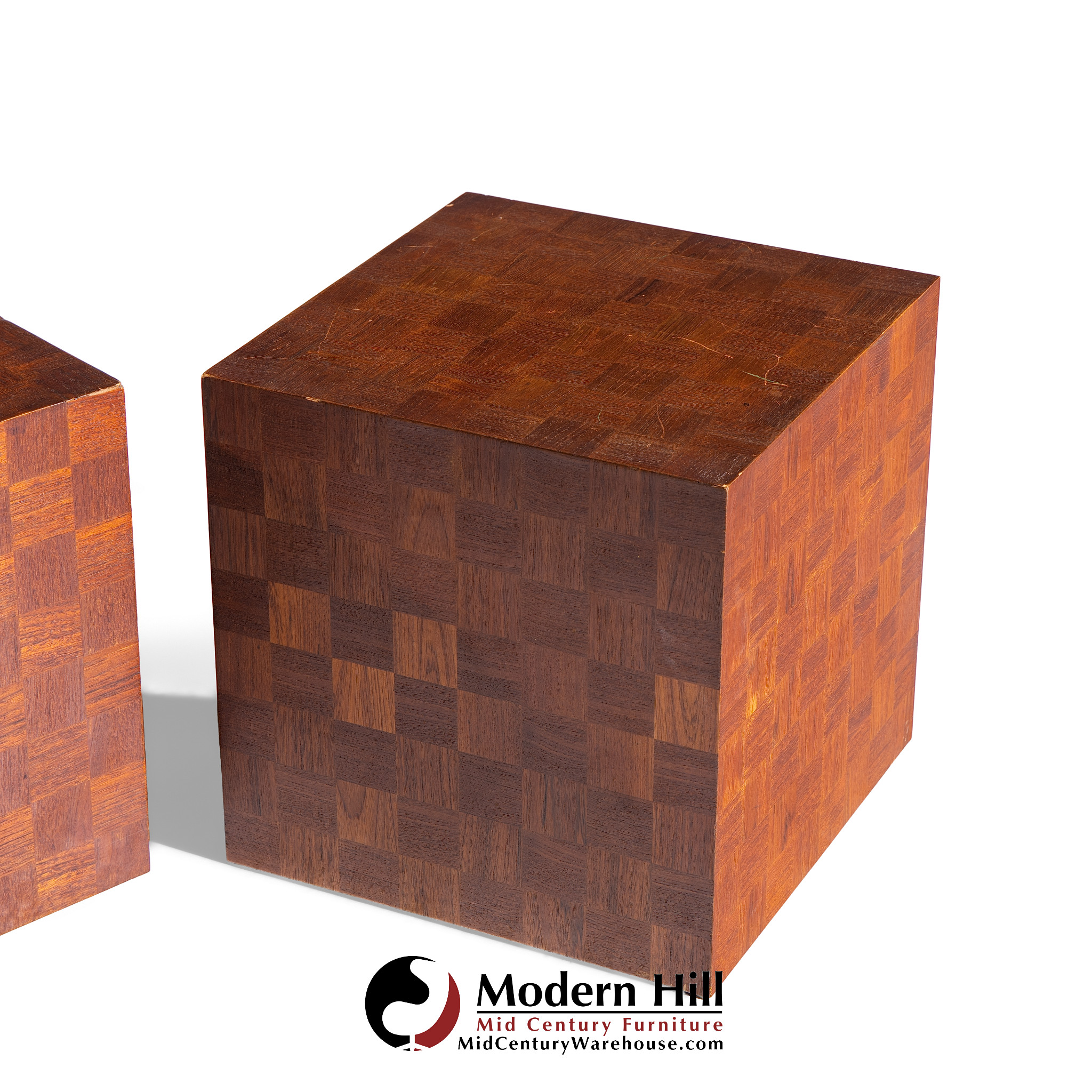 Thayer Coggin Style Mid Century Walnut Parquet Cube End Tables - Pair