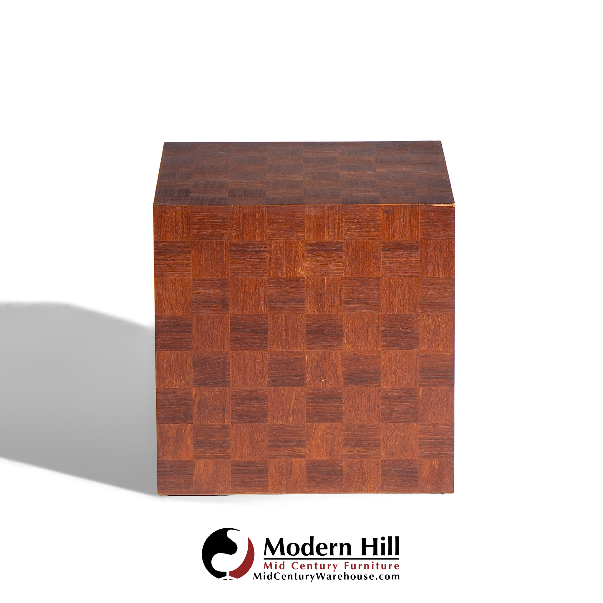 Thayer Coggin Style Mid Century Walnut Parquet Cube End Tables - Pair